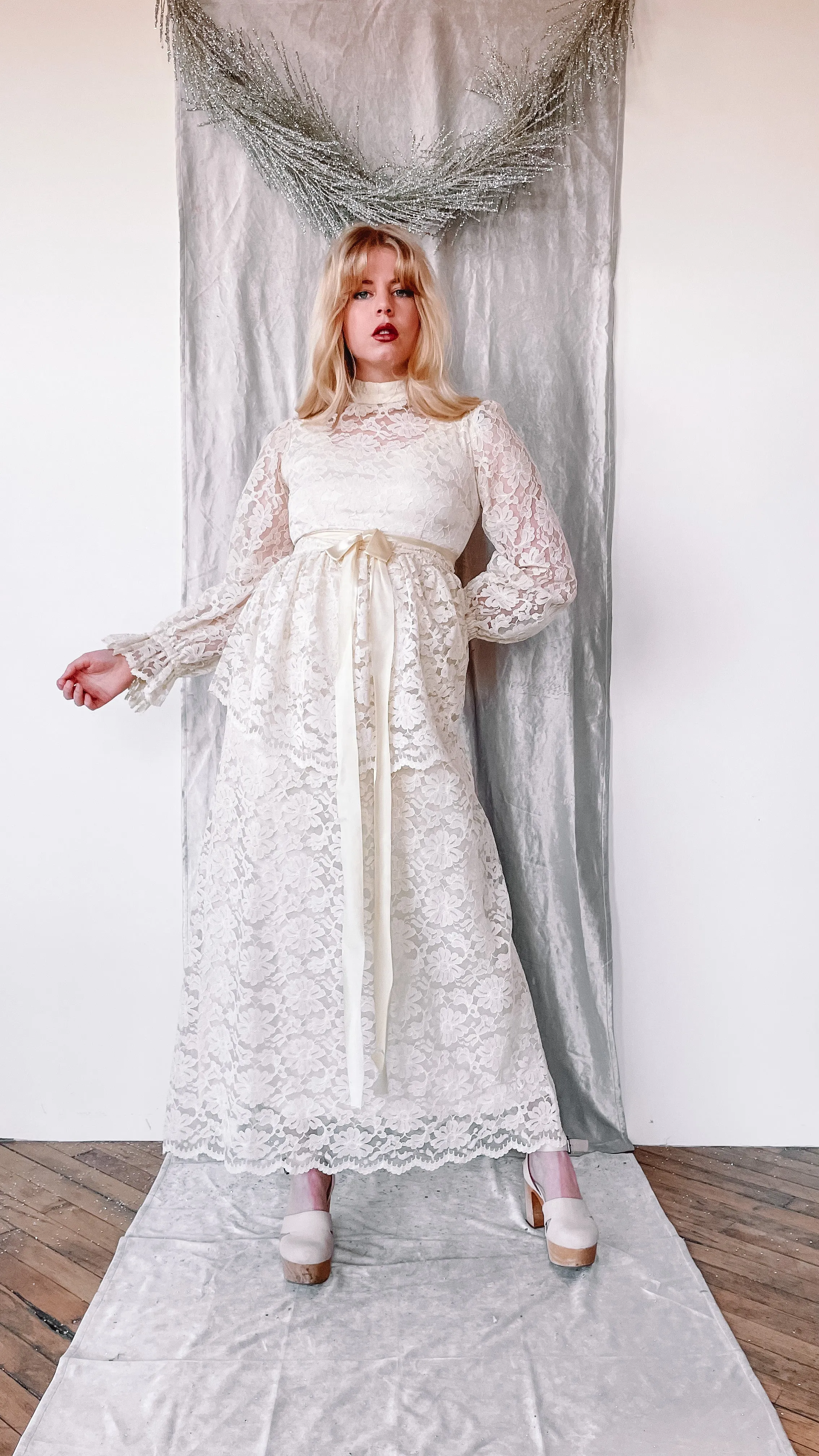 1970s Beloved high-neck lace gown, wedding dress, sz. S