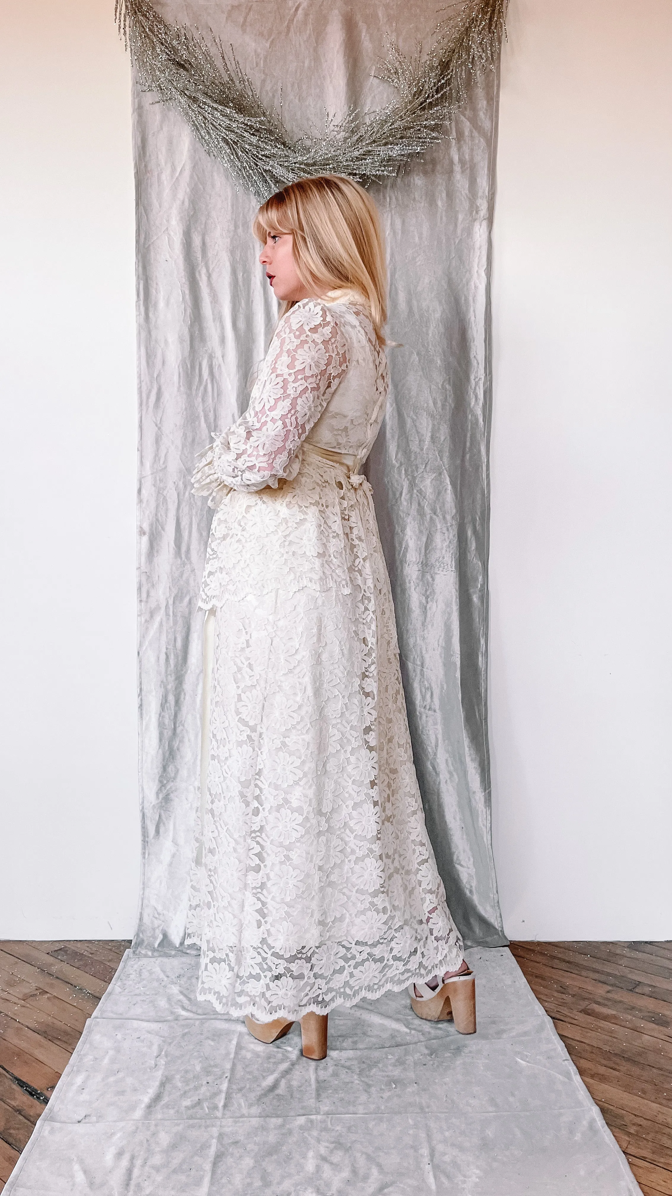 1970s Beloved high-neck lace gown, wedding dress, sz. S