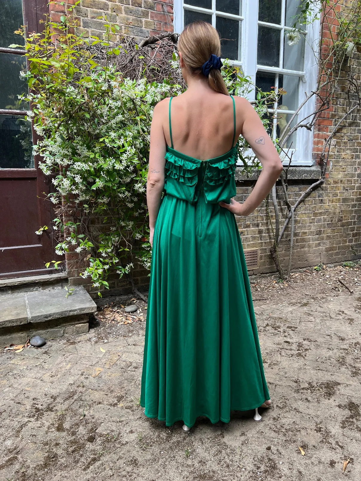 1970s Bernshaw Green Jersey Studio 54 Maxi Dress