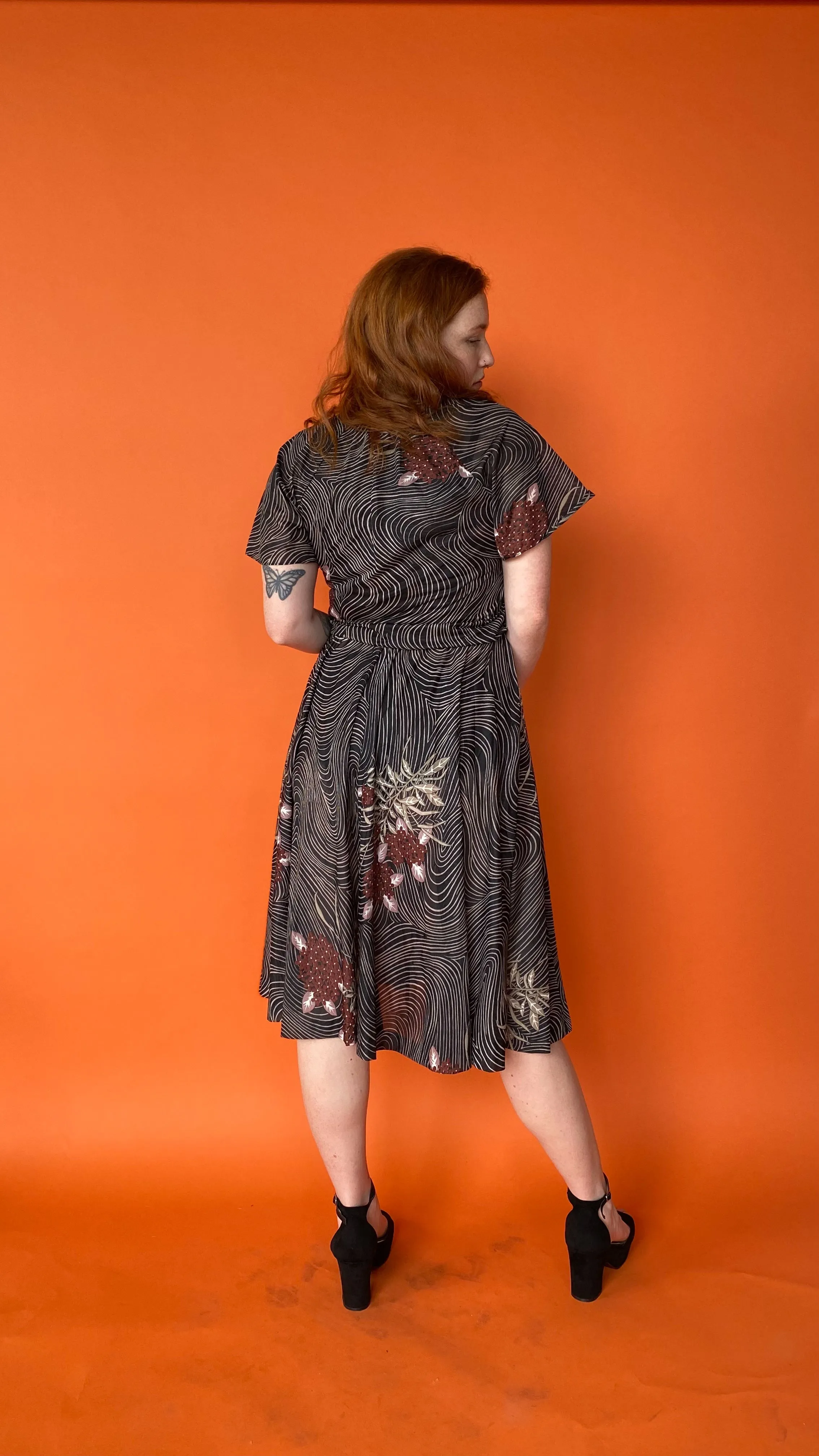 1970s Black Floral Swirl Dress, sz. S-L