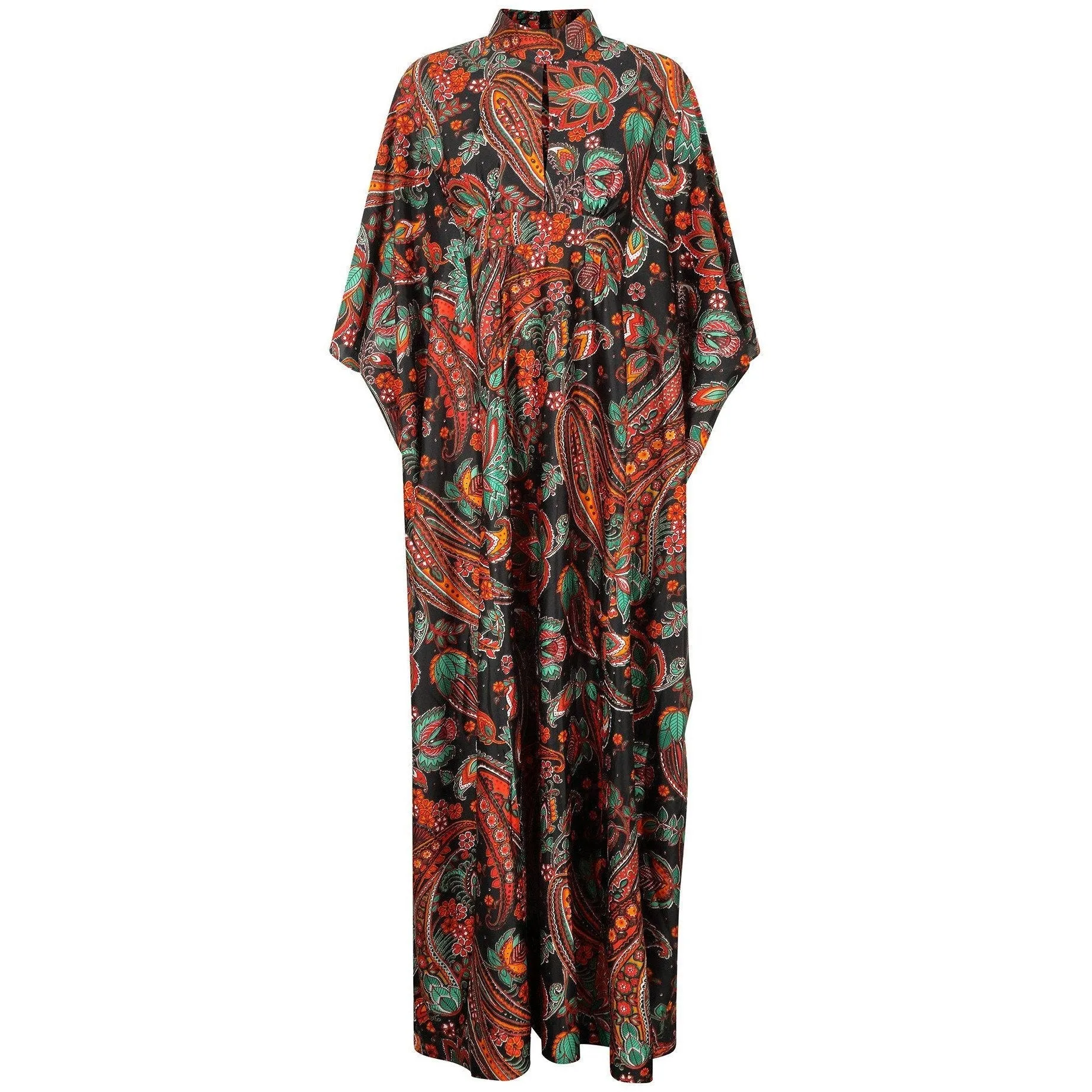 1970s Black Green and Orange Paisley Print Kaftan