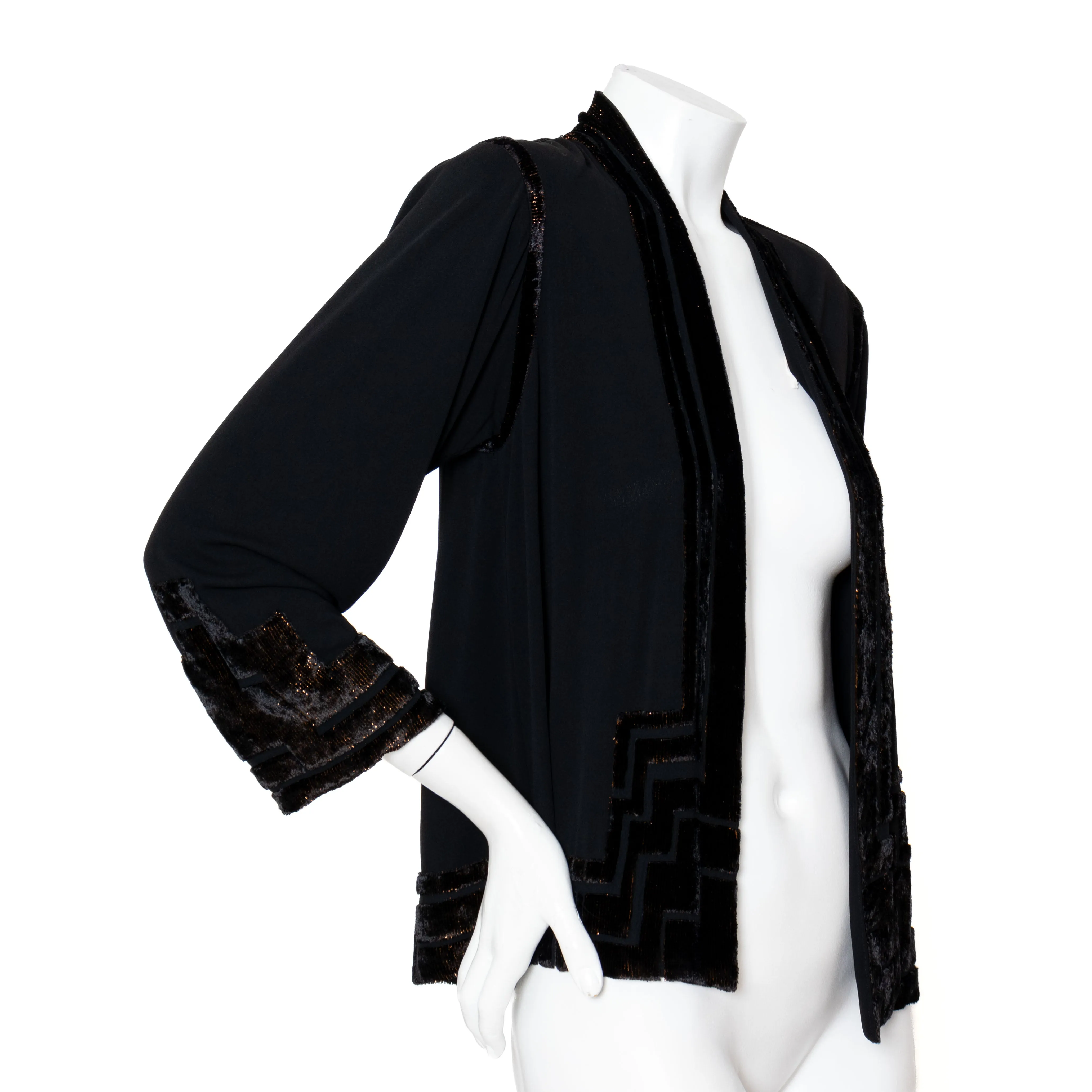 1970s Black Velvet Burnout Dress and Matching Jacket Set