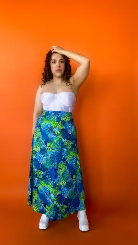 1970s Blue & Green Floral Maxi Skirt, sz. S