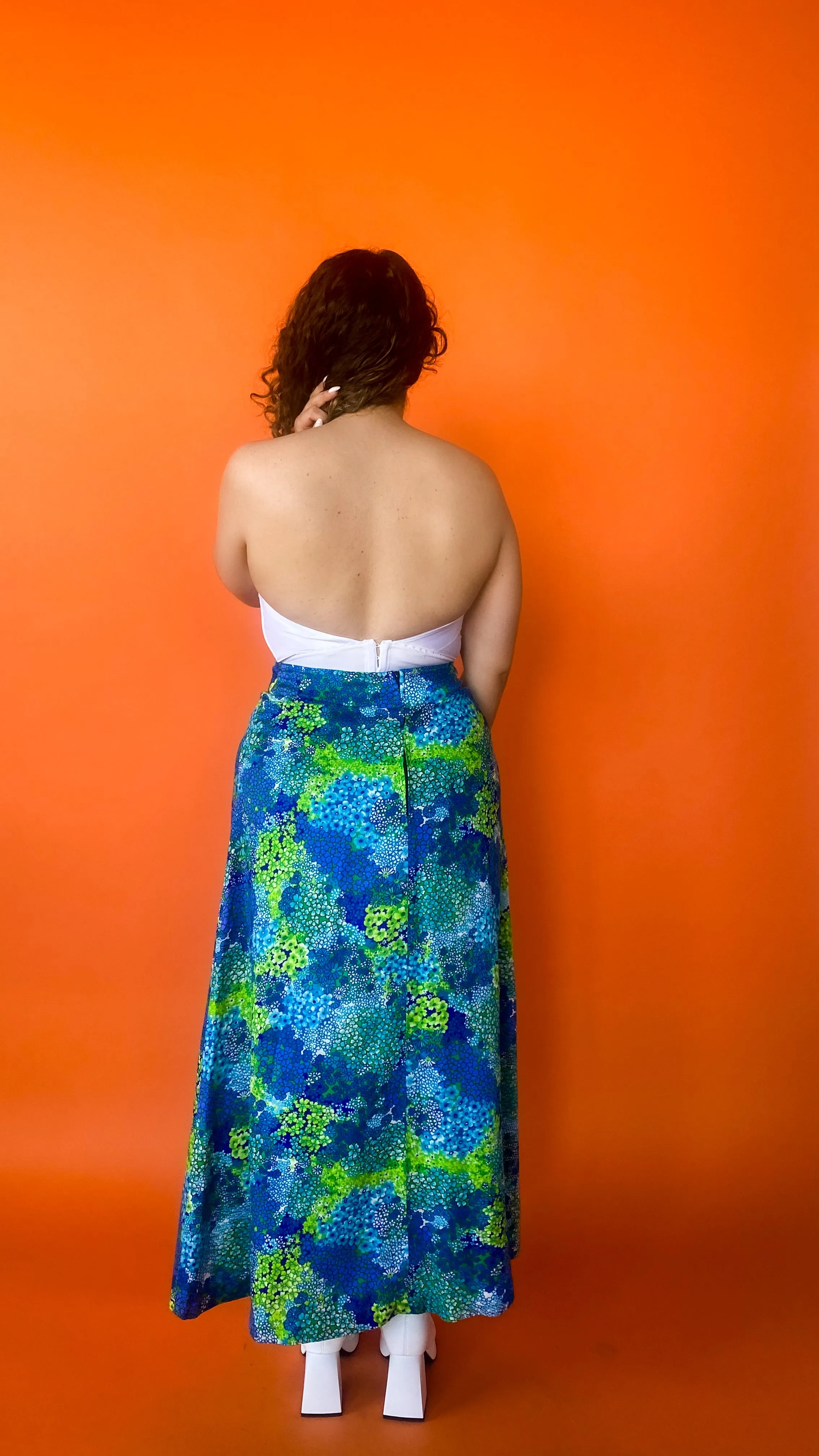 1970s Blue & Green Floral Maxi Skirt, sz. S