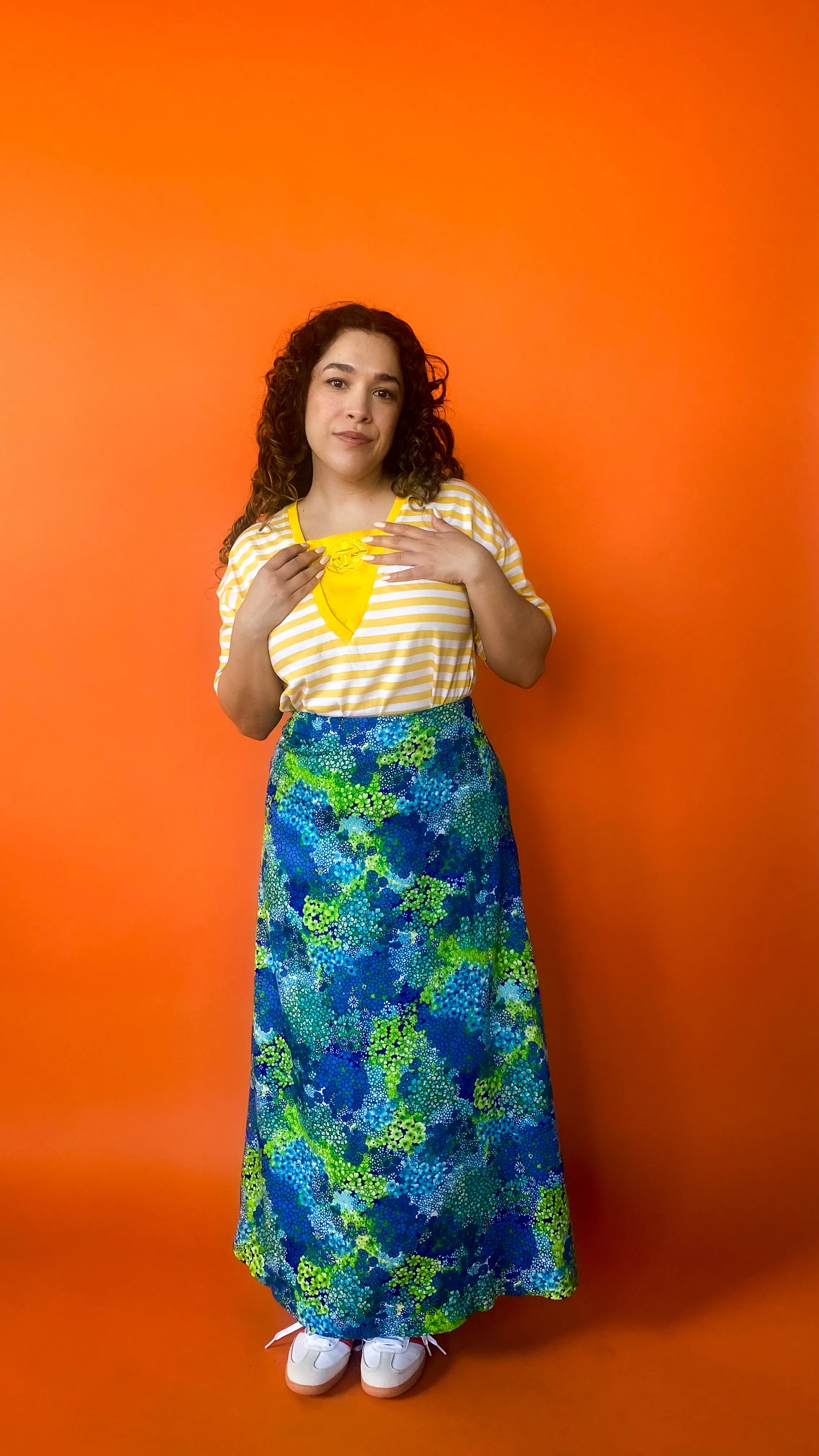 1970s Blue & Green Floral Maxi Skirt, sz. S