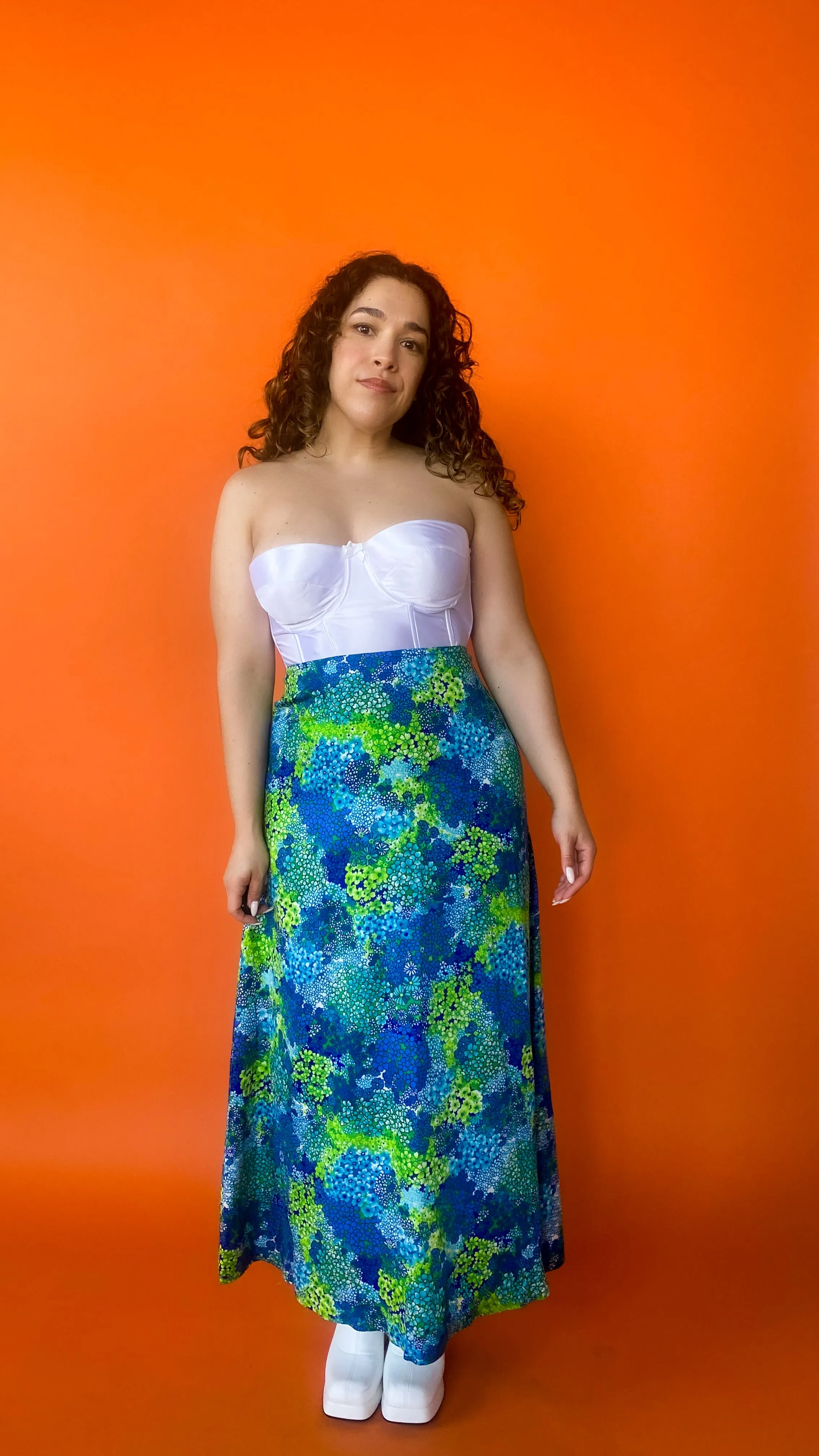 1970s Blue & Green Floral Maxi Skirt, sz. S