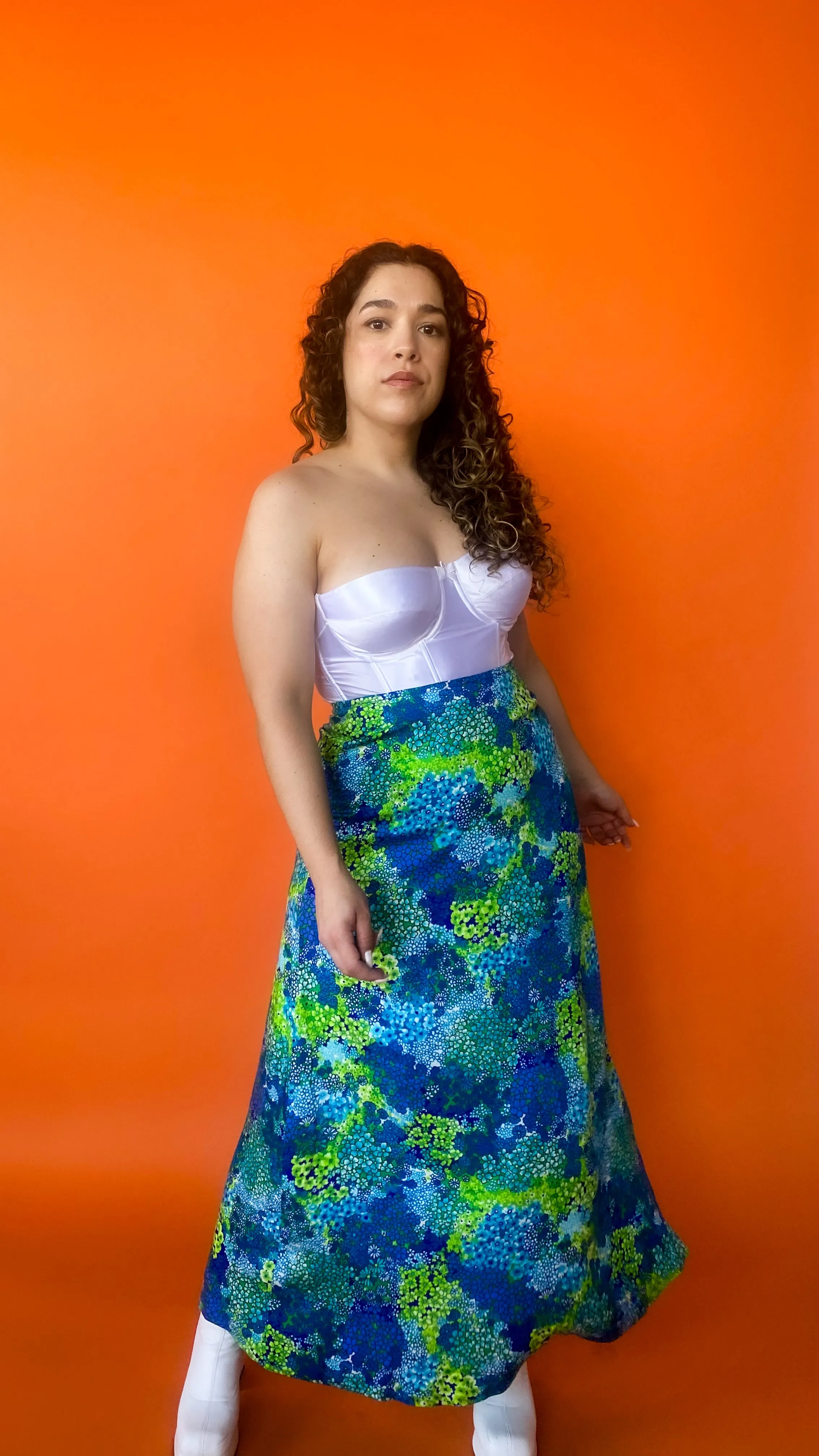 1970s Blue & Green Floral Maxi Skirt, sz. S