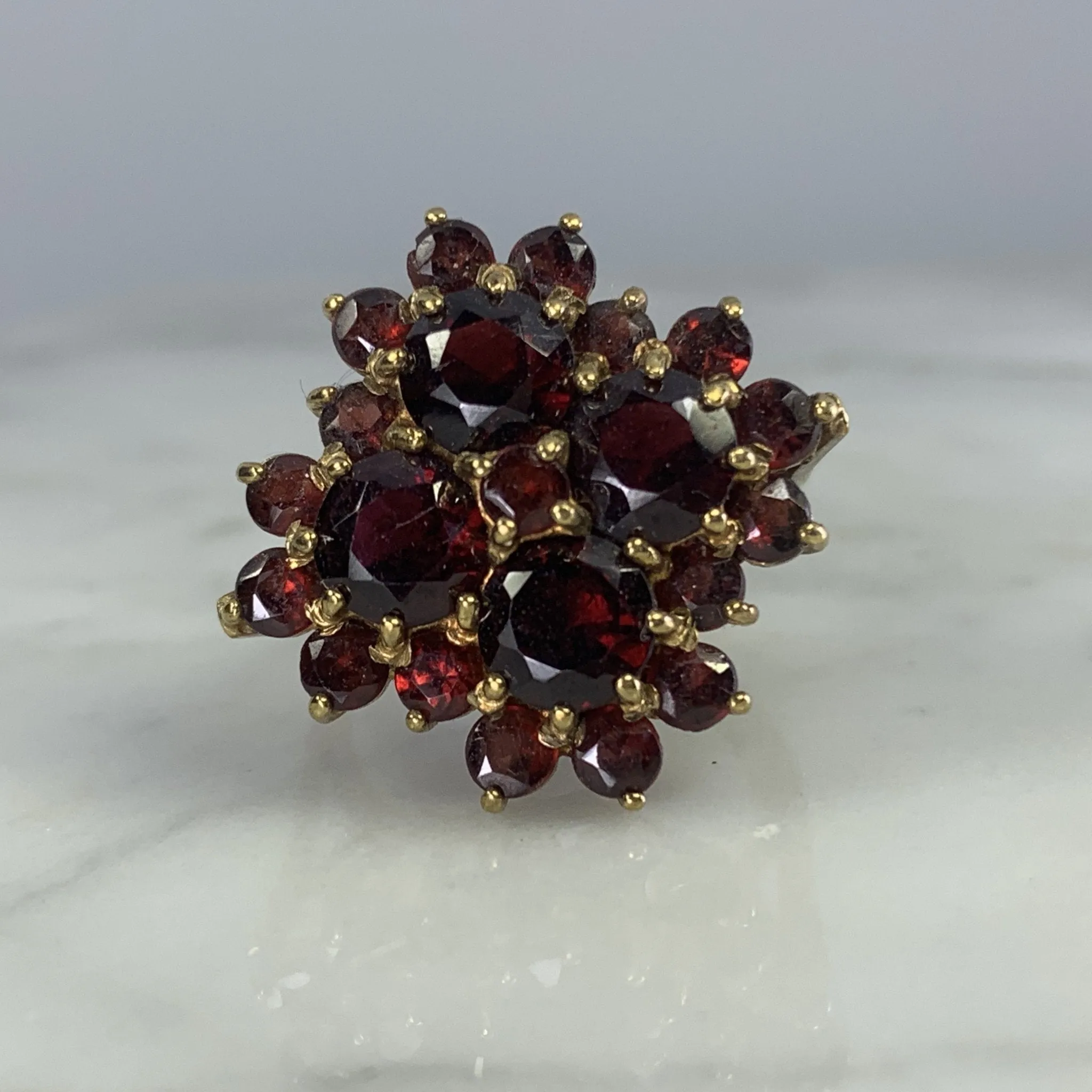 1970s Bohemian Garnet Cluster Ring in Yellow Gold. Statement Cocktail Right Hand Ring.