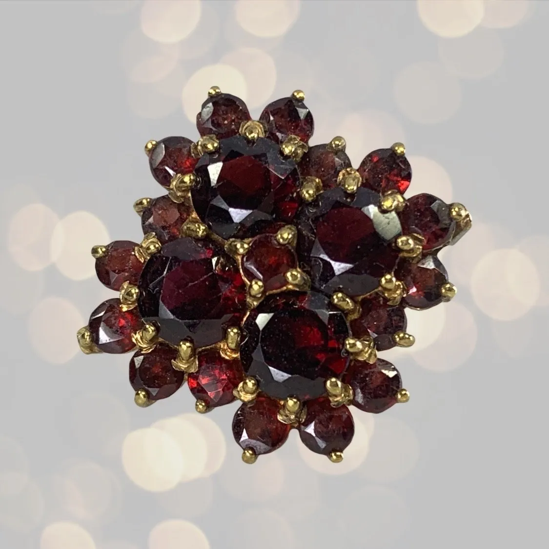 1970s Bohemian Garnet Cluster Ring in Yellow Gold. Statement Cocktail Right Hand Ring.