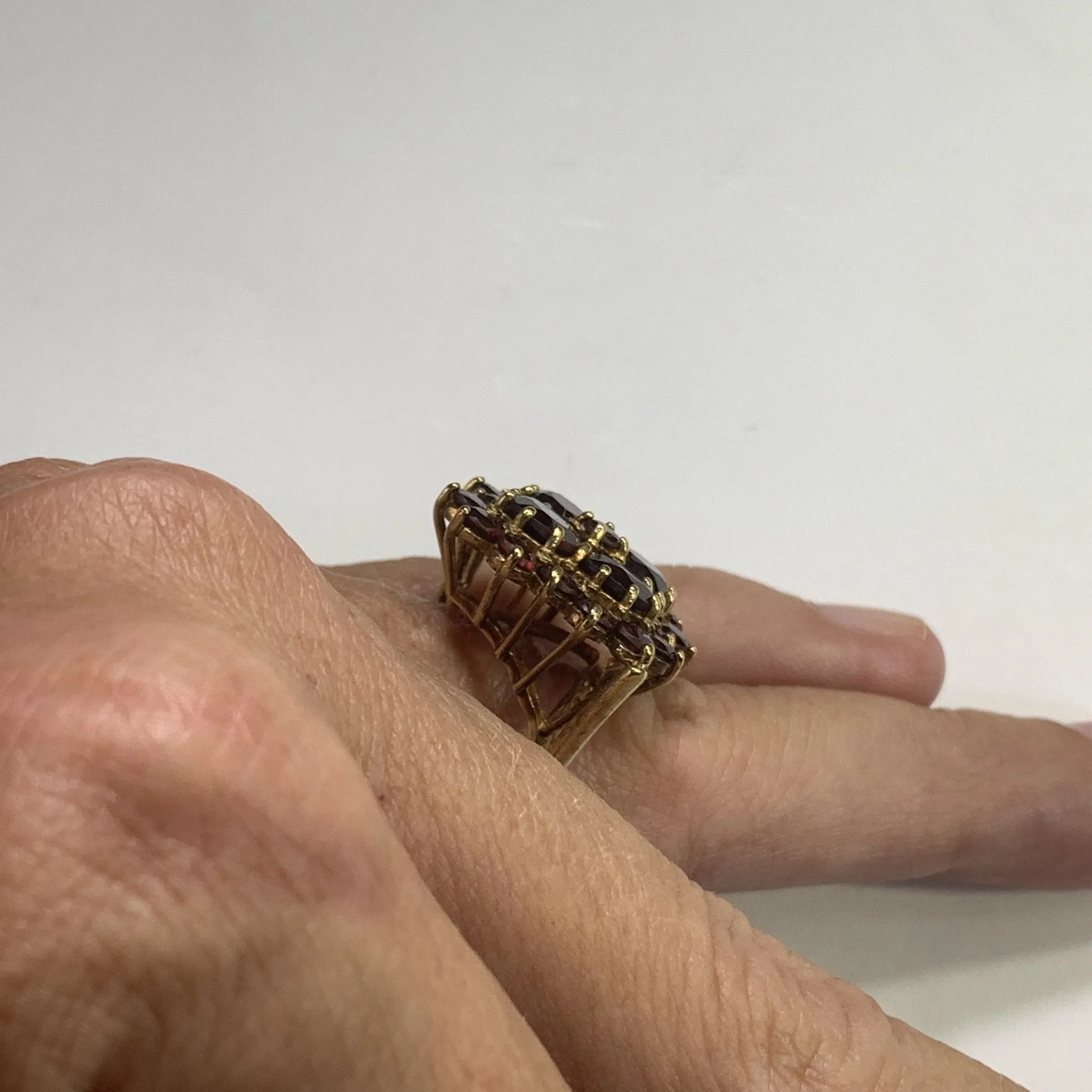 1970s Bohemian Garnet Cluster Ring in Yellow Gold. Statement Cocktail Right Hand Ring.