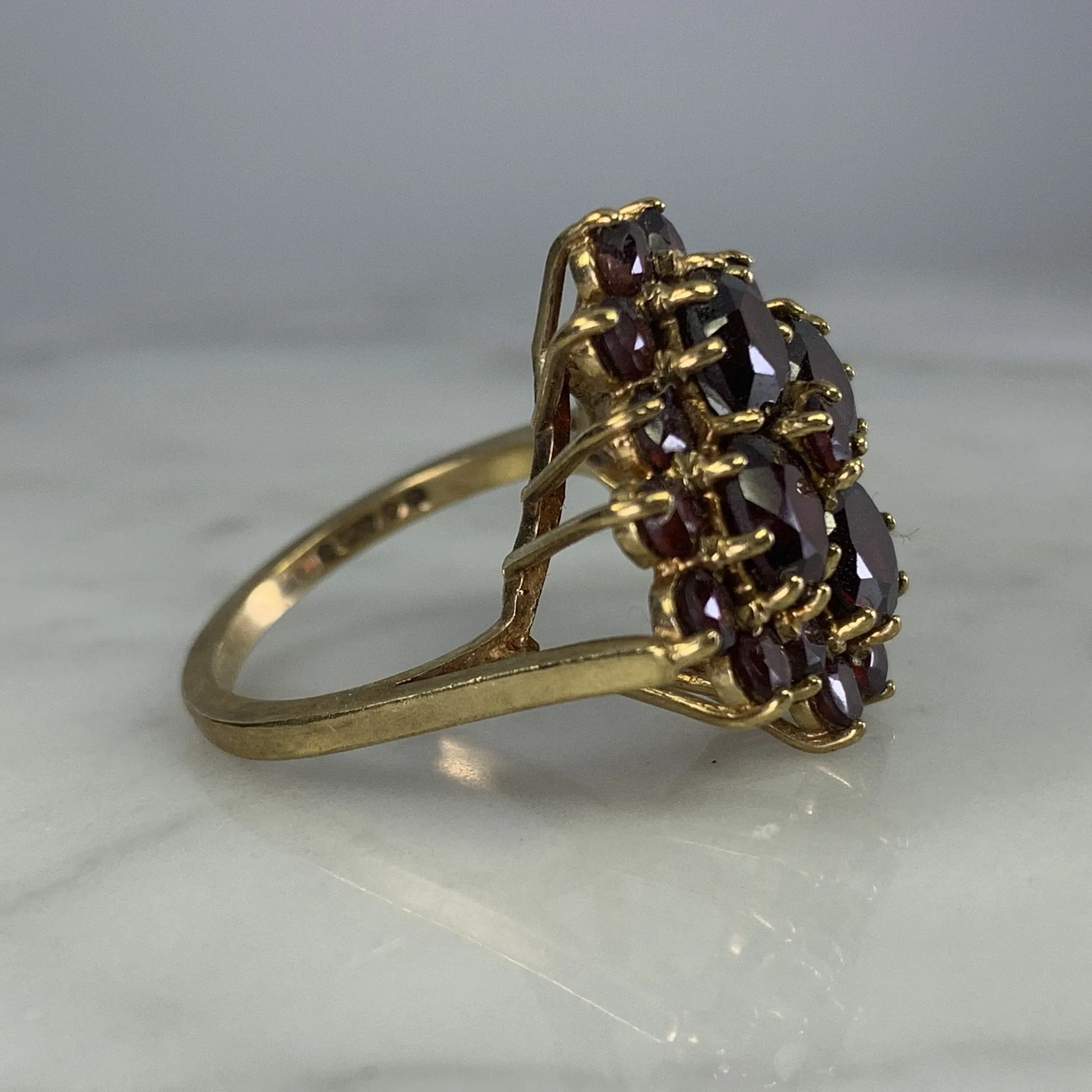 1970s Bohemian Garnet Cluster Ring in Yellow Gold. Statement Cocktail Right Hand Ring.