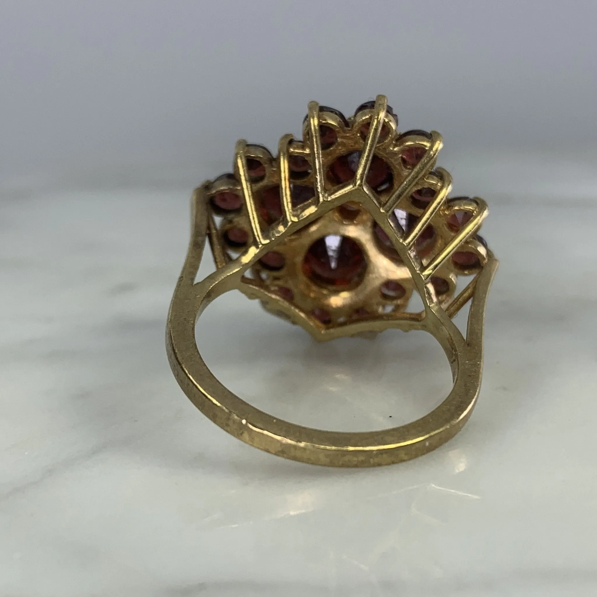 1970s Bohemian Garnet Cluster Ring in Yellow Gold. Statement Cocktail Right Hand Ring.