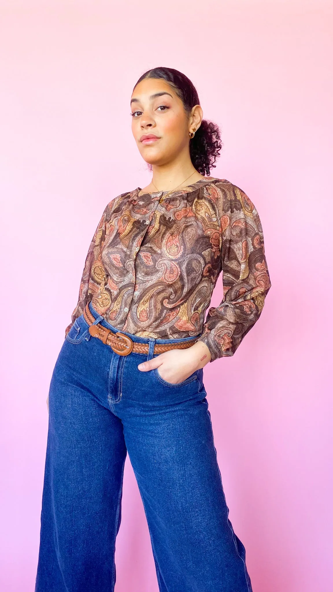 1970s Brown Paisley Print Blouse Top, sz. M