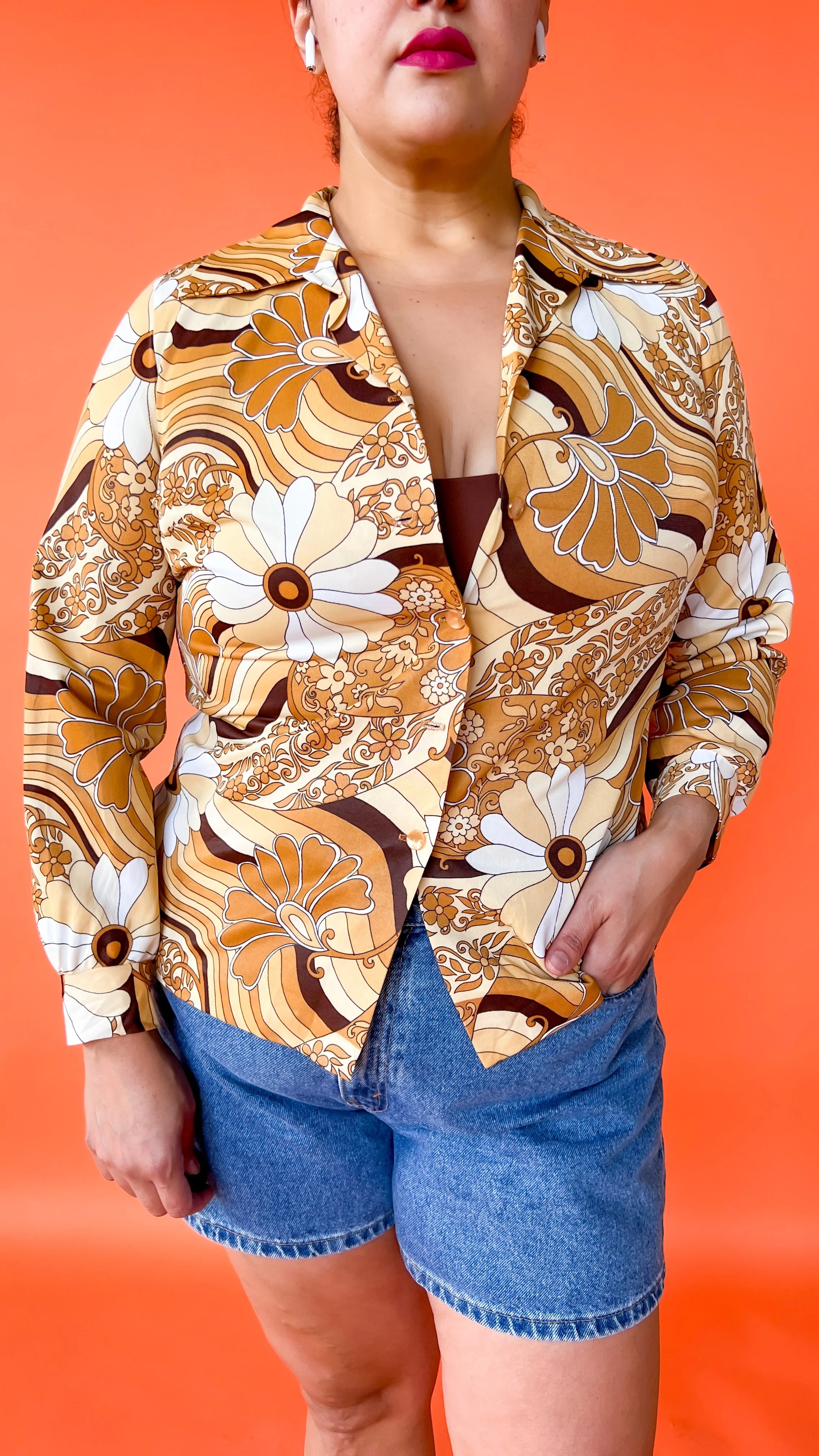 1970s Brown Psychedelic Floral Shirt, sz. XL