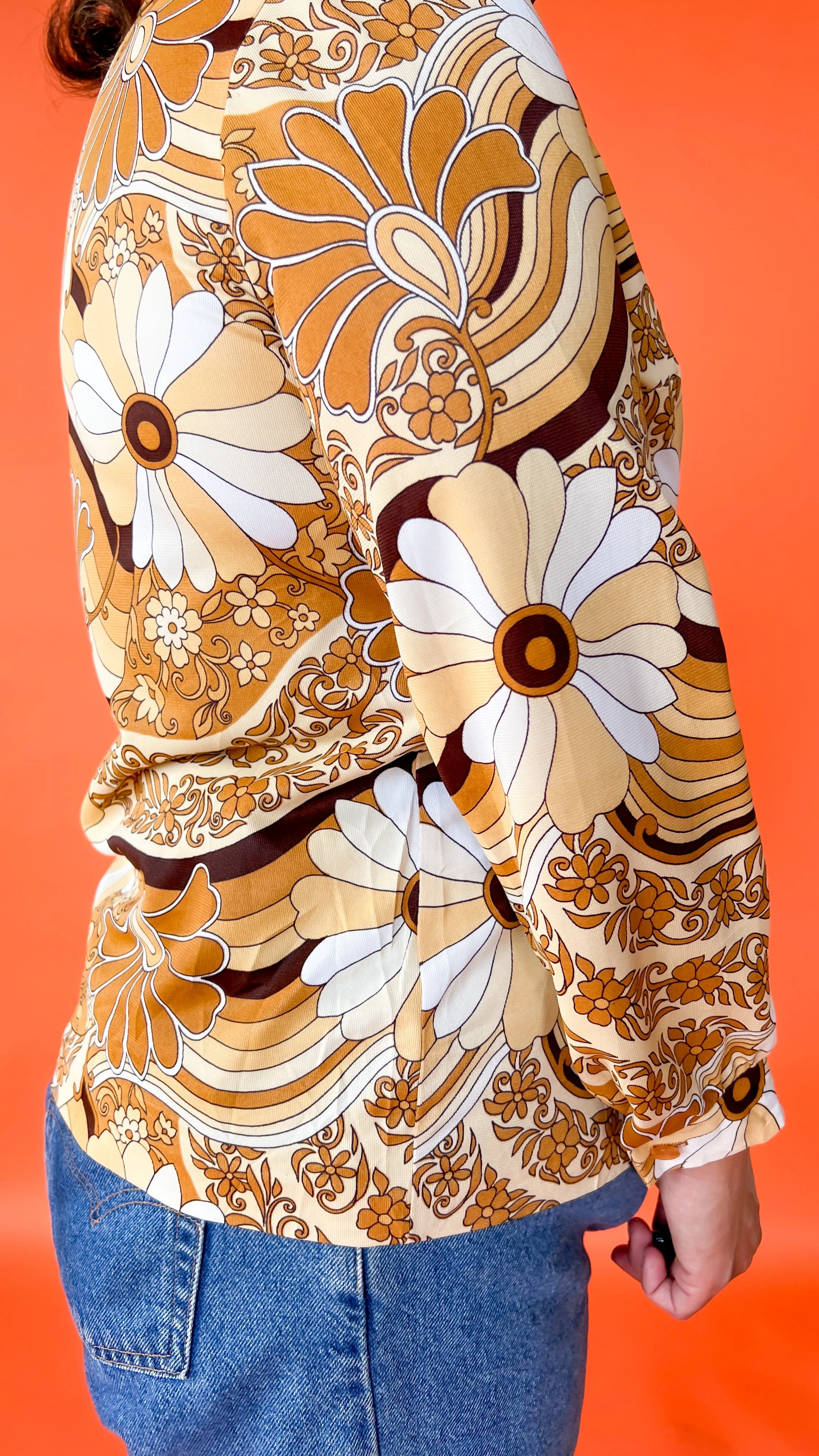 1970s Brown Psychedelic Floral Shirt, sz. XL