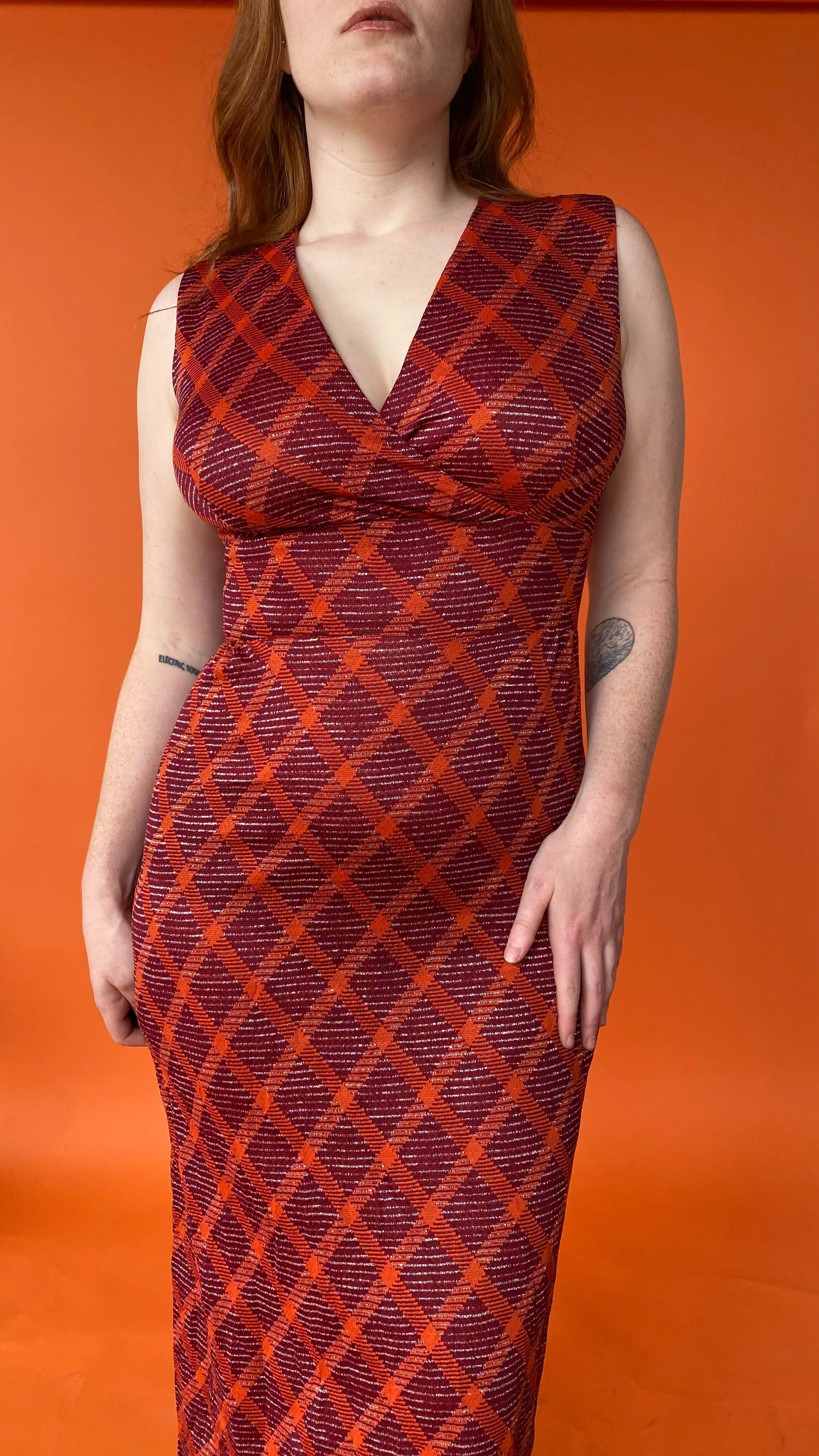 1970s Burgundy & Orange Plaid Maxi Dress, sz. M/L