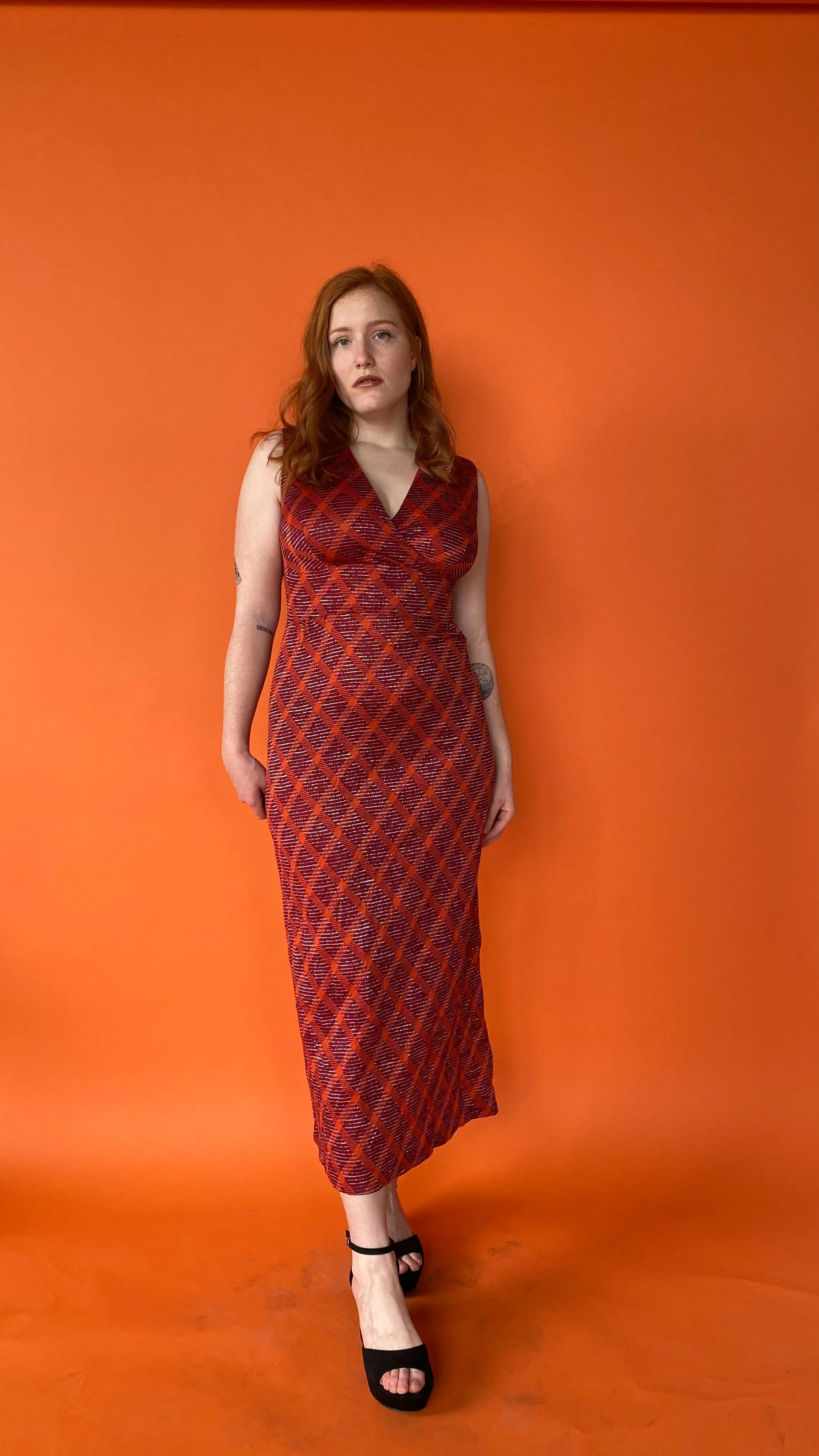 1970s Burgundy & Orange Plaid Maxi Dress, sz. M/L