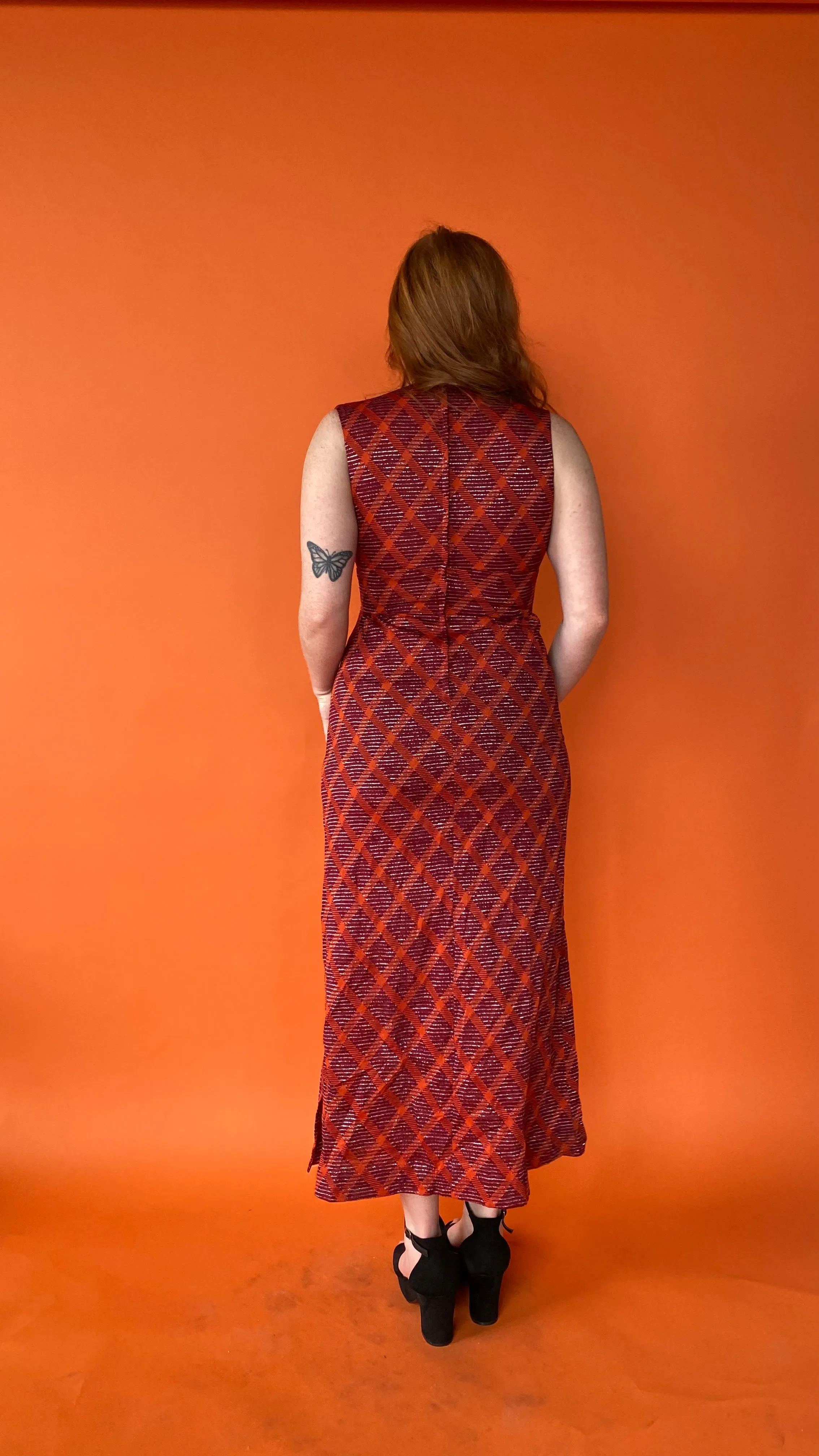 1970s Burgundy & Orange Plaid Maxi Dress, sz. M/L