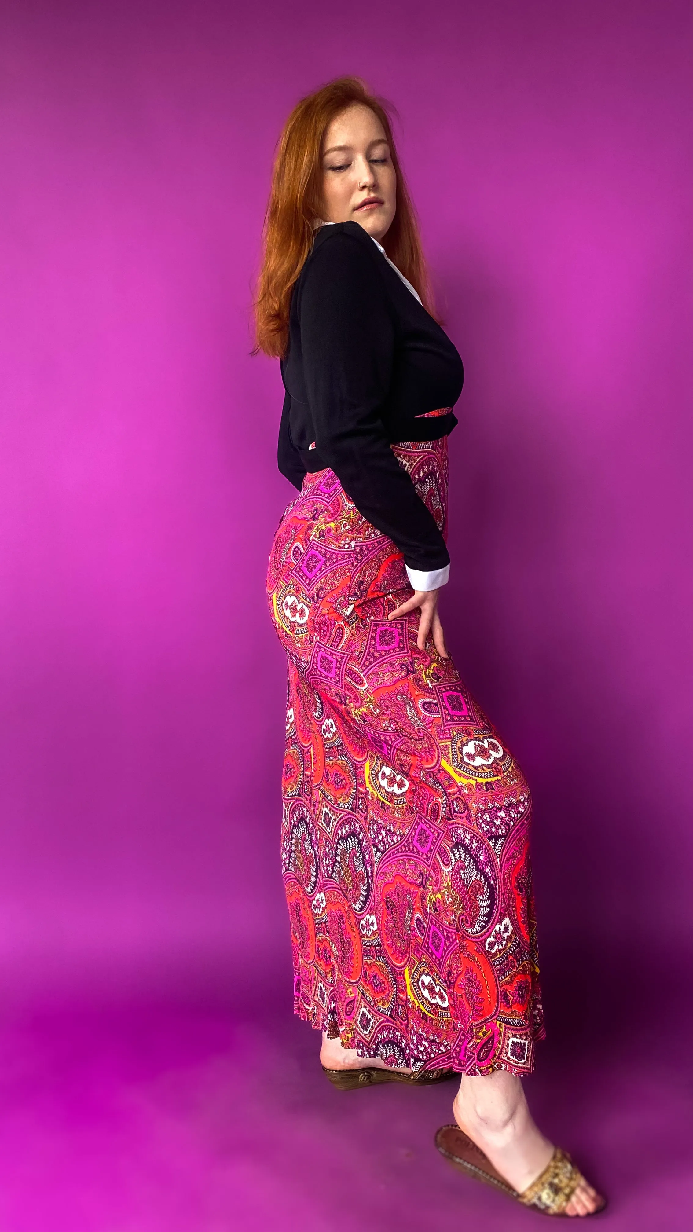 1970s Collared Paisley Maxi Dress, sz. Extra Large