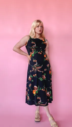 1970s Dark Florals Dress, sz. L