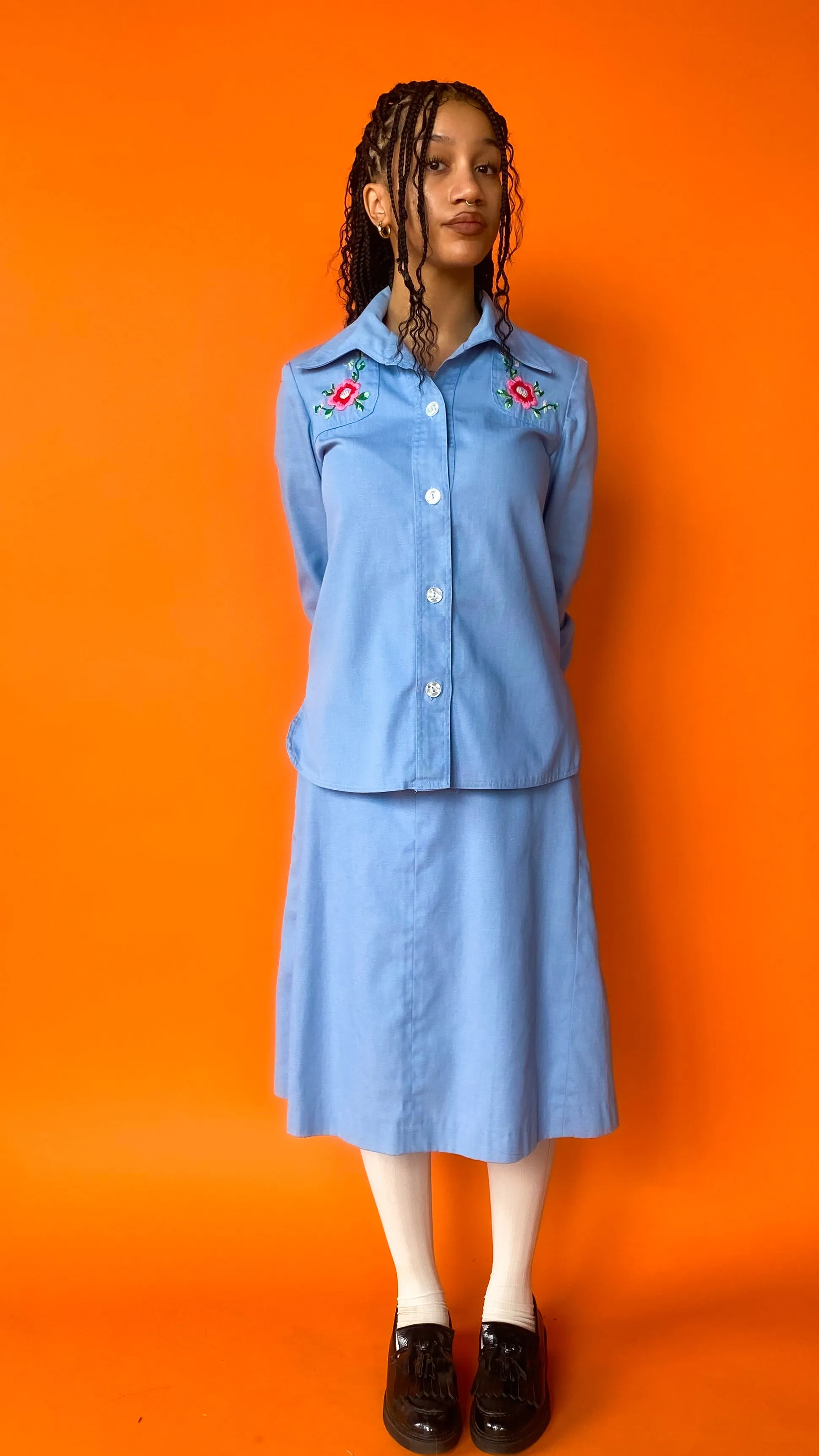 1970s Denim Light Blue Embroidered Skirt Set, sz. S