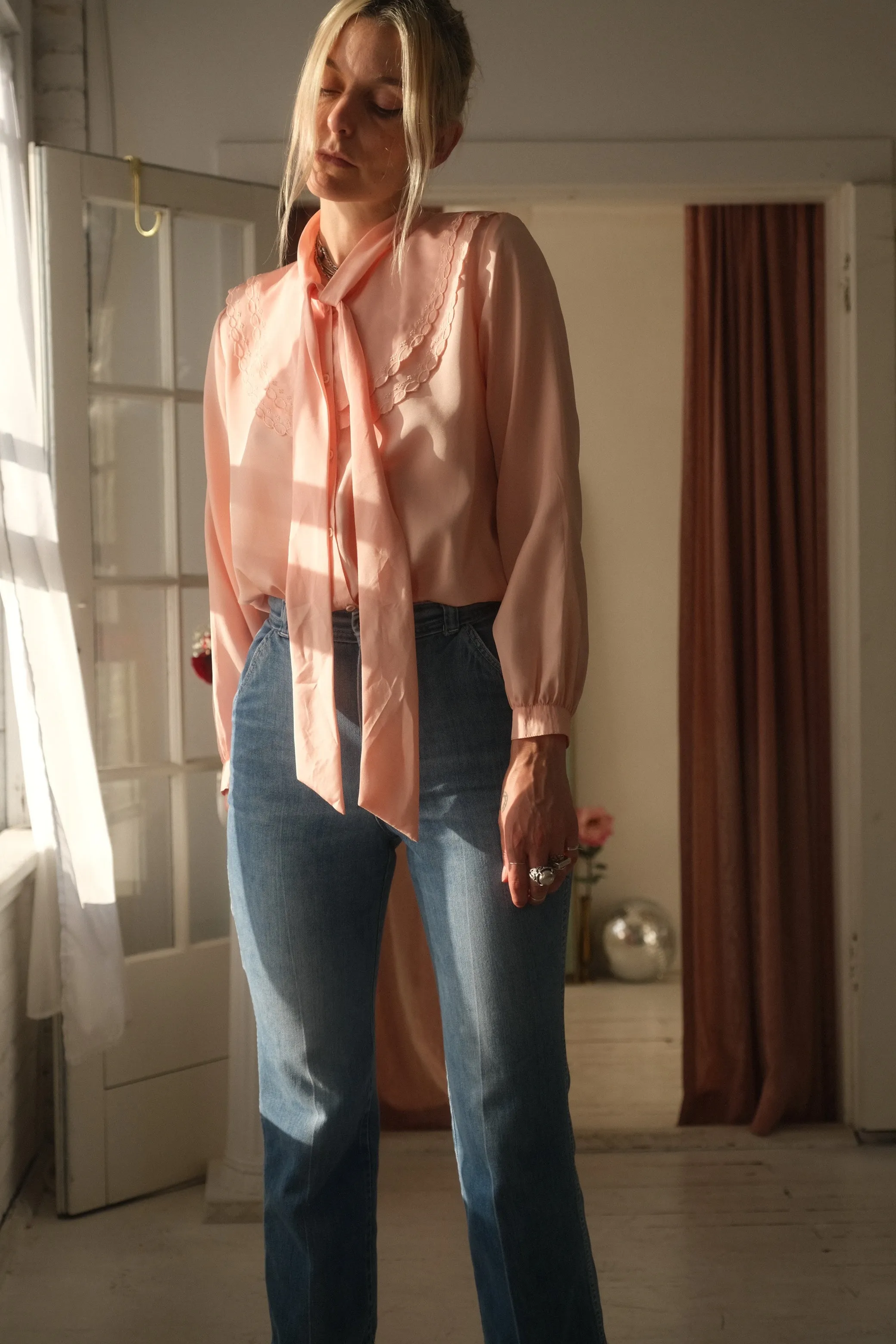 1970s Flora Pussy Bow Blouse