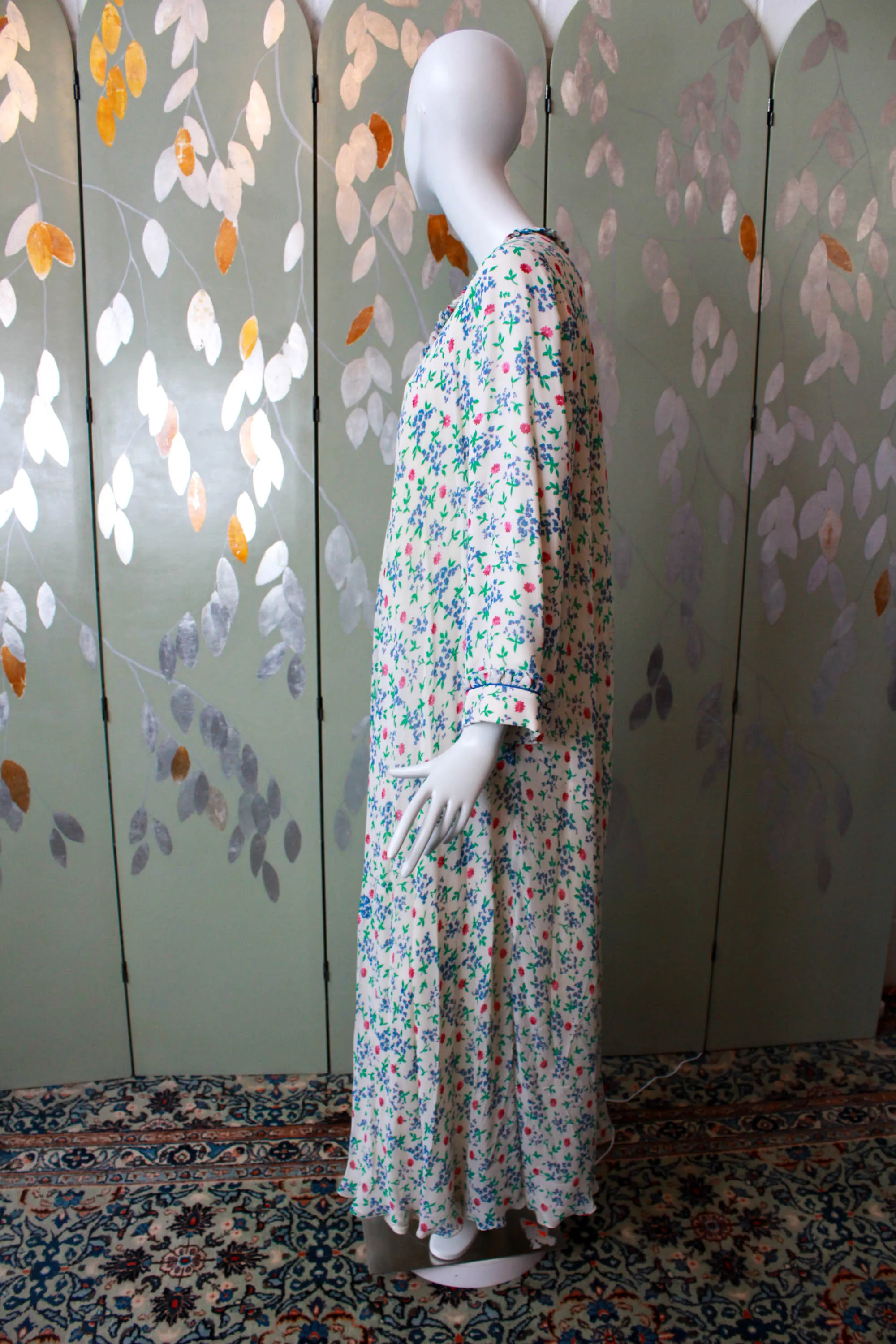 1970s Floral Print Silk Bell Sleeve Maxi Dress by Leron, Medium