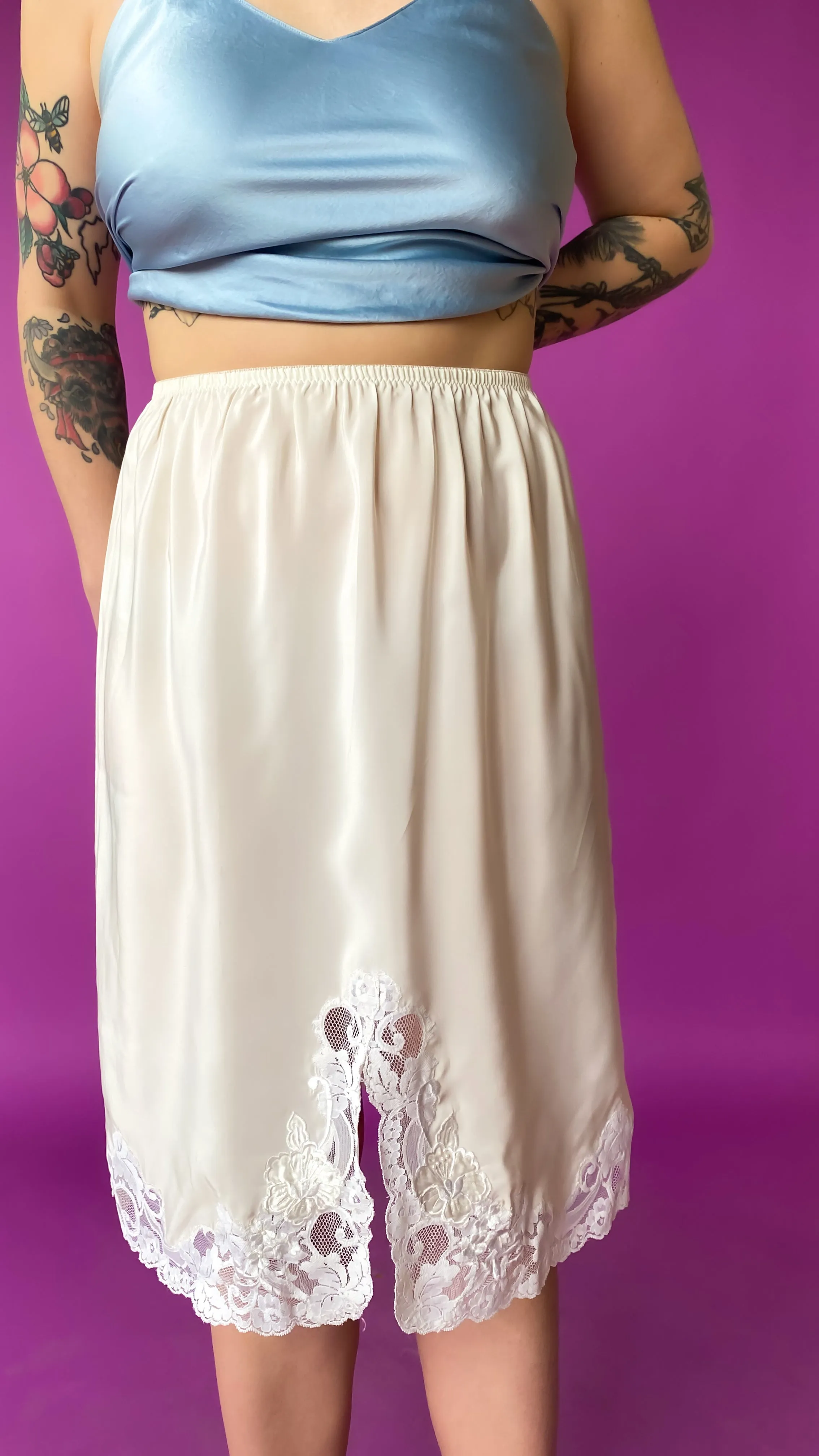 1970s Ivory Lace Slip Skirt, sz. M