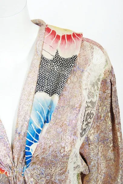 1970s Koos Van Den Akker Couture Metallic Lace & Colorful Cotton Hooded Dress