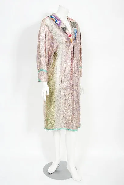 1970s Koos Van Den Akker Couture Metallic Lace & Colorful Cotton Hooded Dress