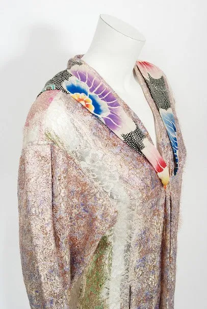 1970s Koos Van Den Akker Couture Metallic Lace & Colorful Cotton Hooded Dress