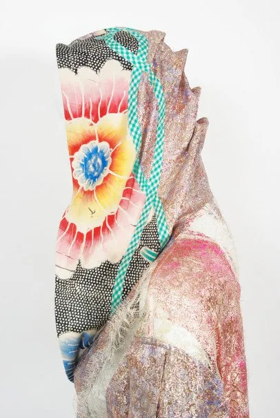 1970s Koos Van Den Akker Couture Metallic Lace & Colorful Cotton Hooded Dress