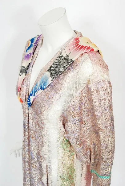 1970s Koos Van Den Akker Couture Metallic Lace & Colorful Cotton Hooded Dress