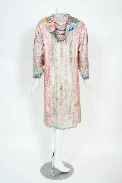 1970s Koos Van Den Akker Couture Metallic Lace & Colorful Cotton Hooded Dress