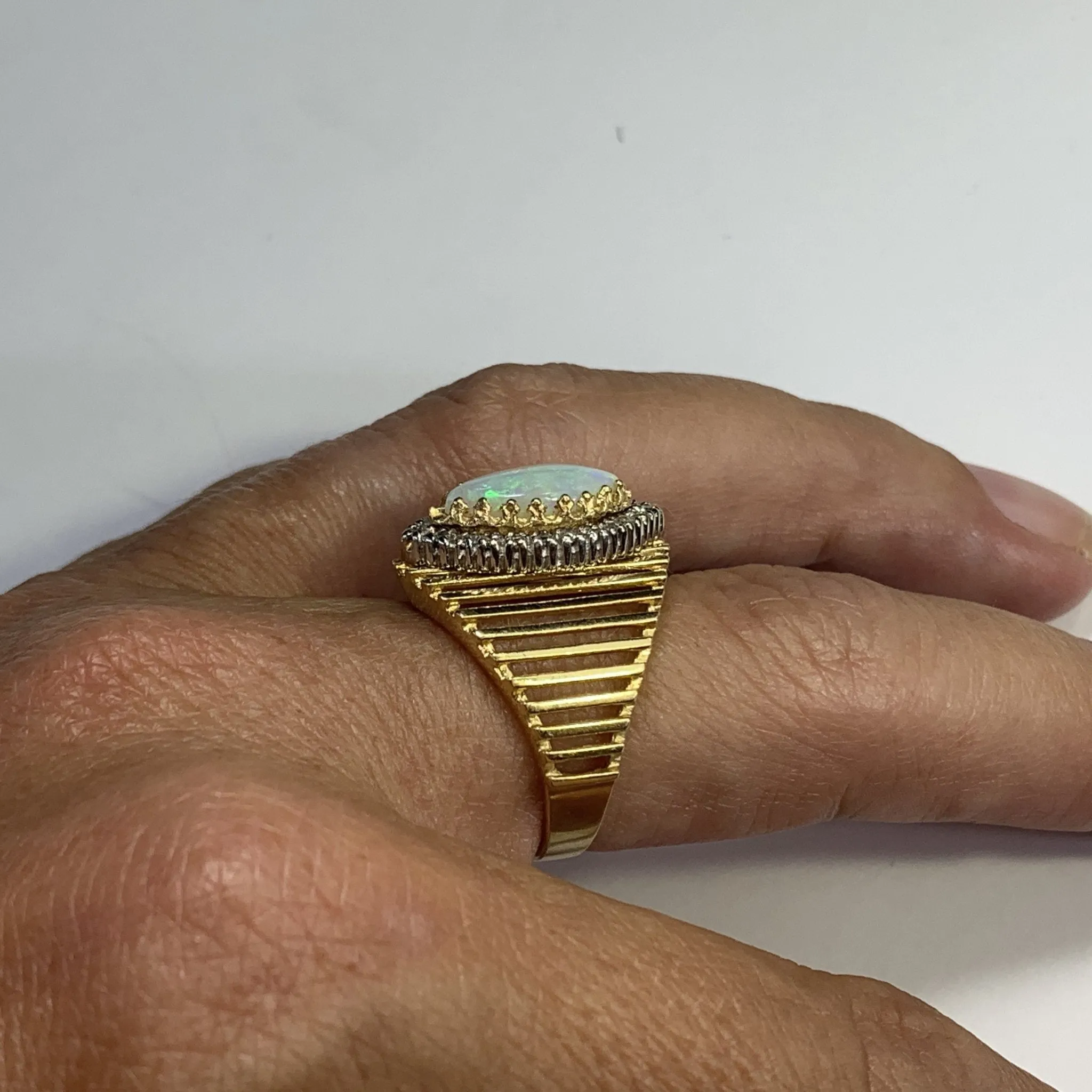 1970s Opal and Diamond Halo Statement Ring in a Large 14K Yellow Gold Setting.