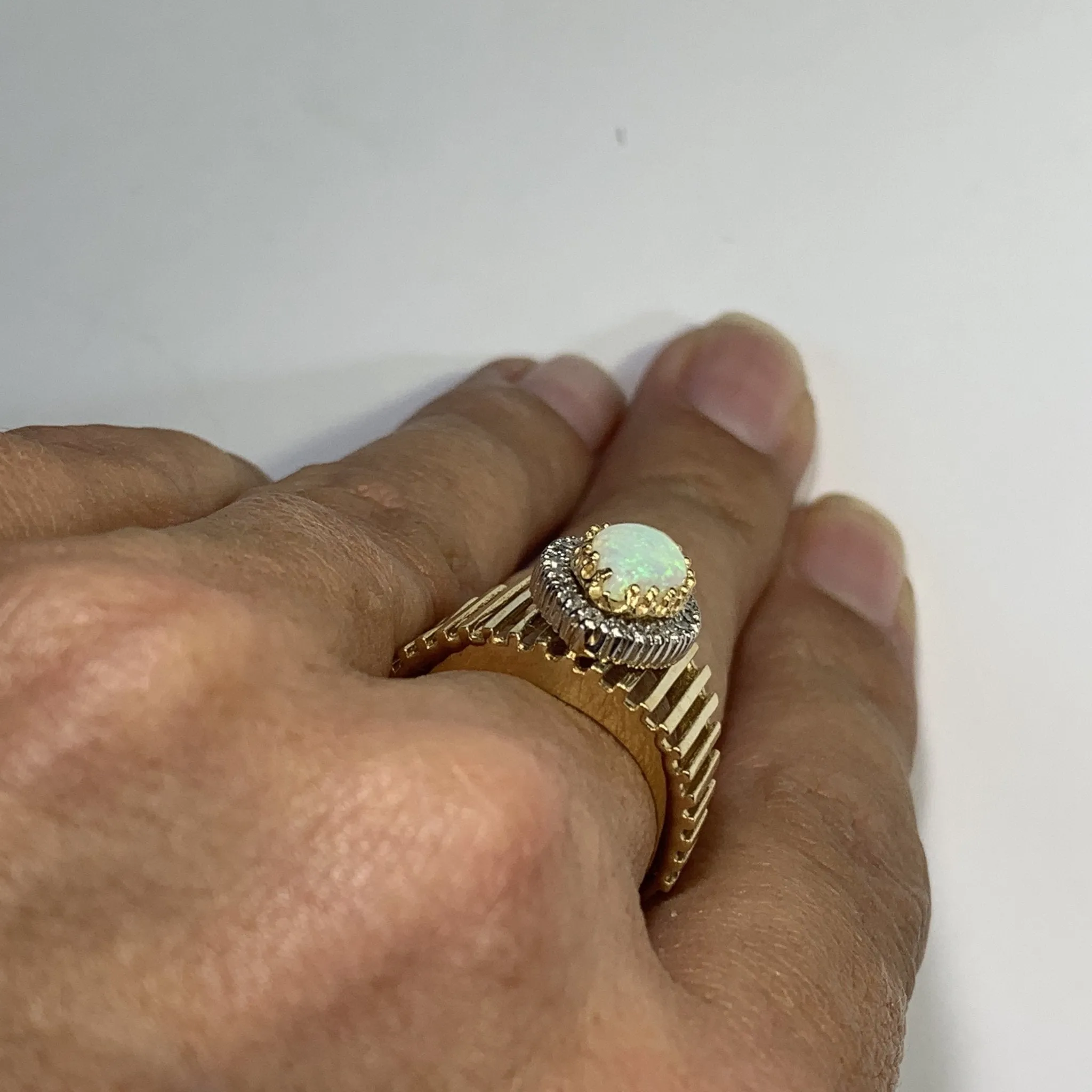 1970s Opal and Diamond Halo Statement Ring in a Large 14K Yellow Gold Setting.