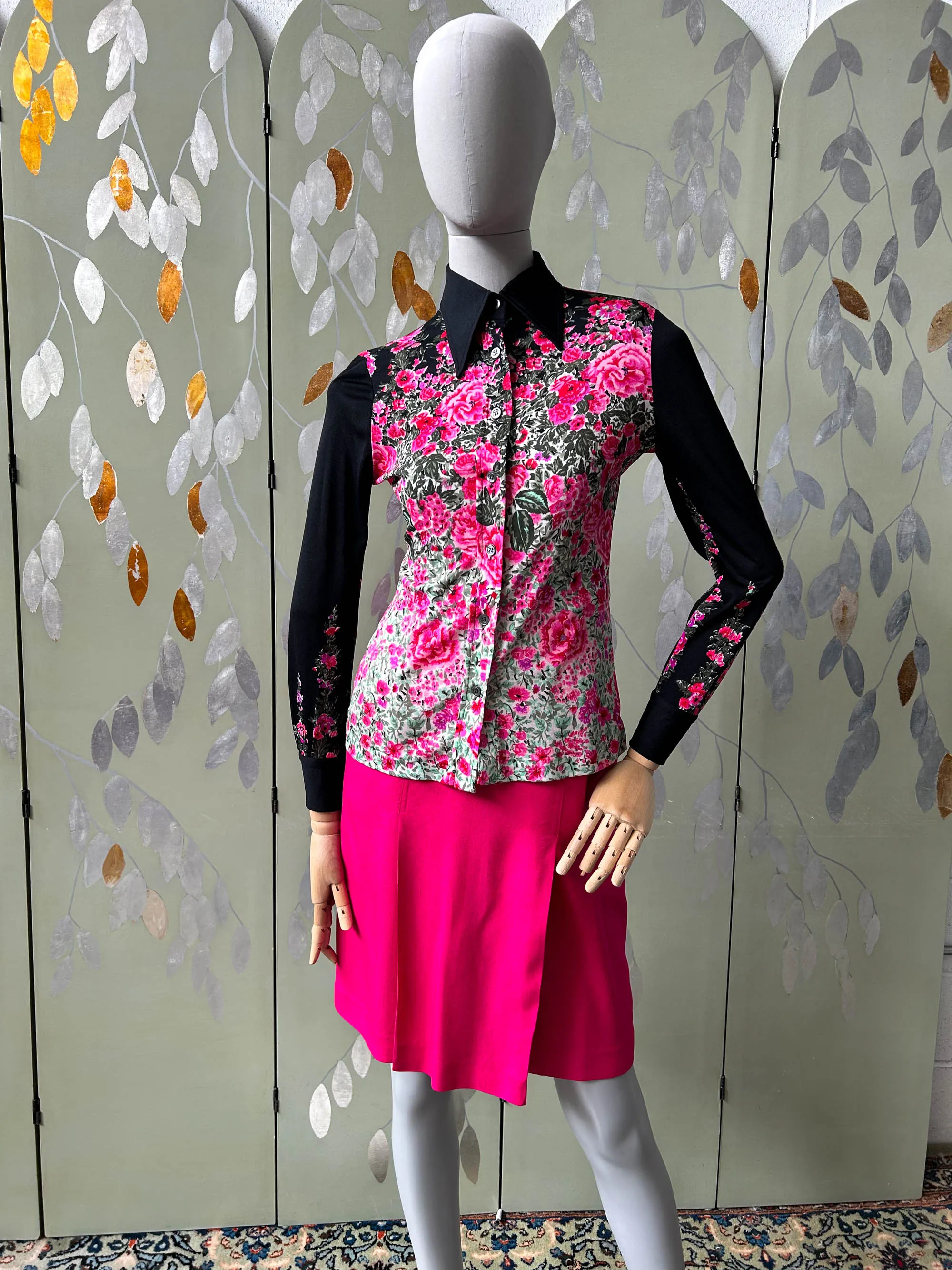 1970s Pink Floral Silk Jersey Blouse, Made in Italy, Small