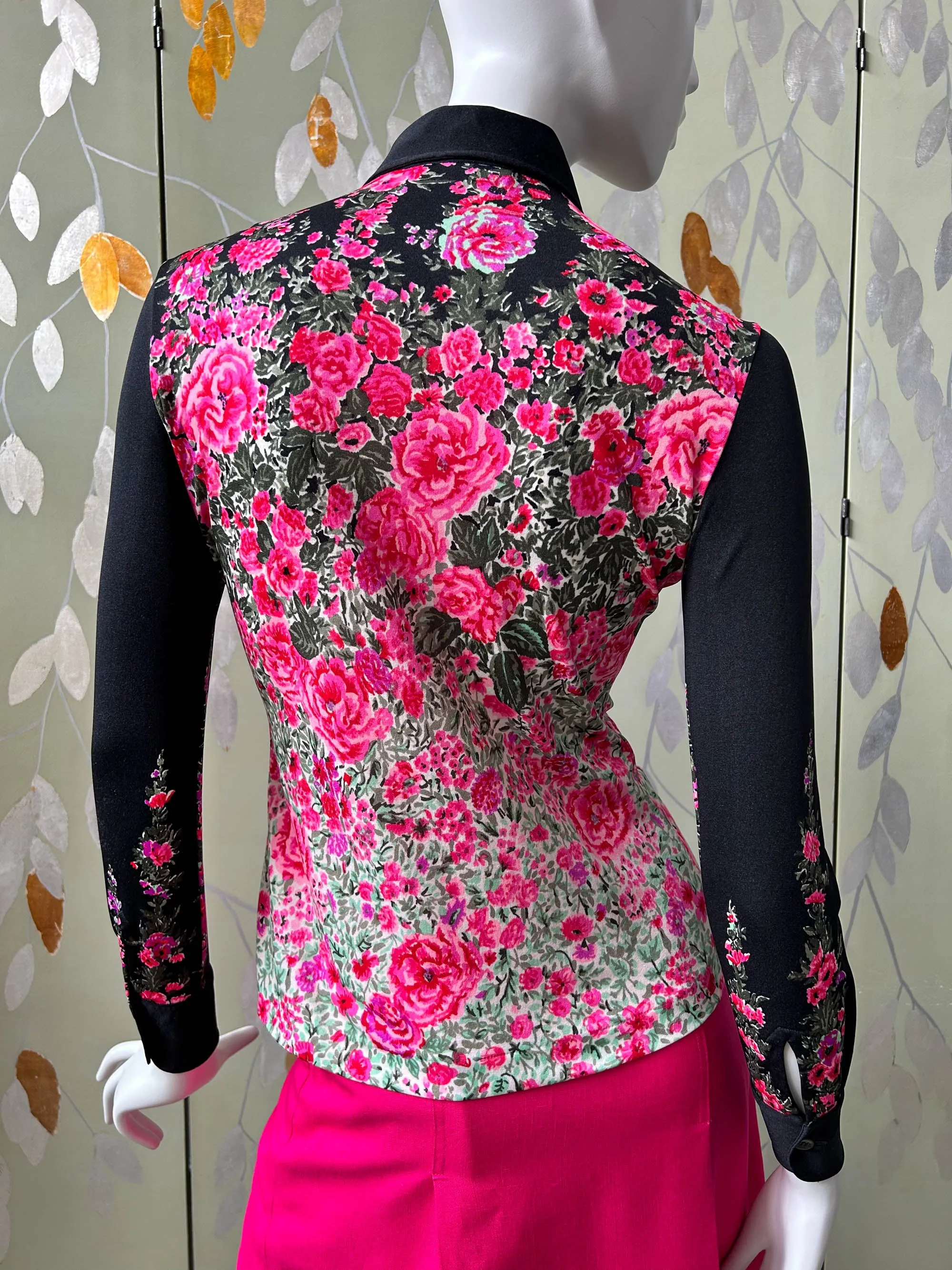 1970s Pink Floral Silk Jersey Blouse, Made in Italy, Small