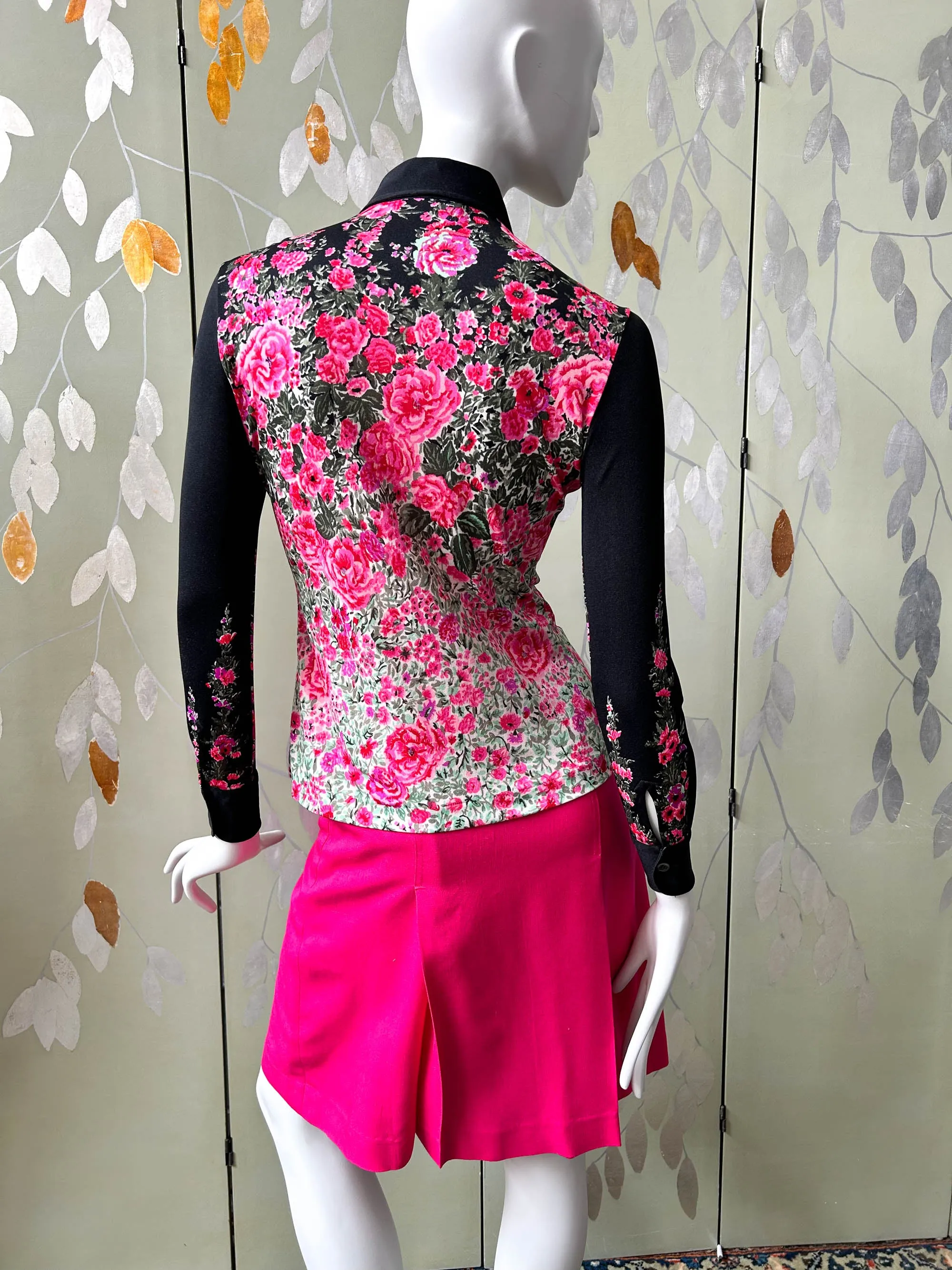 1970s Pink Floral Silk Jersey Blouse, Made in Italy, Small