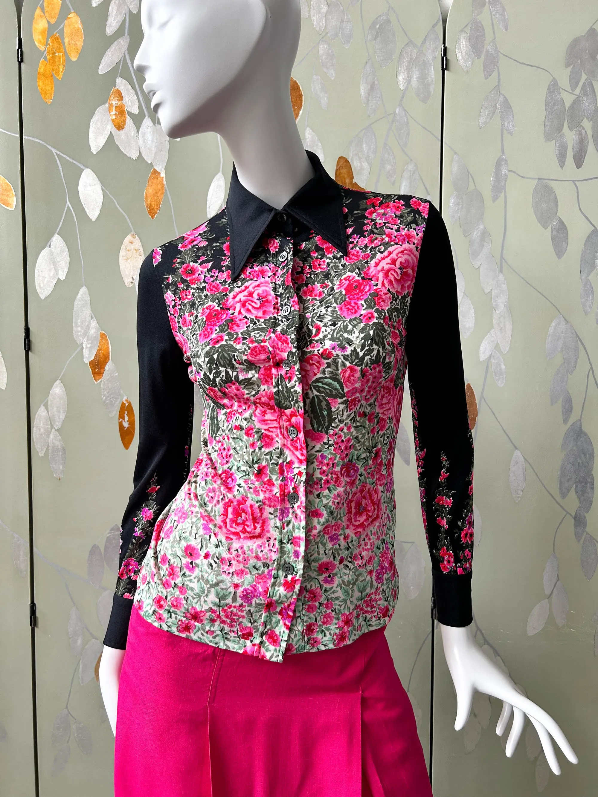 1970s Pink Floral Silk Jersey Blouse, Made in Italy, Small