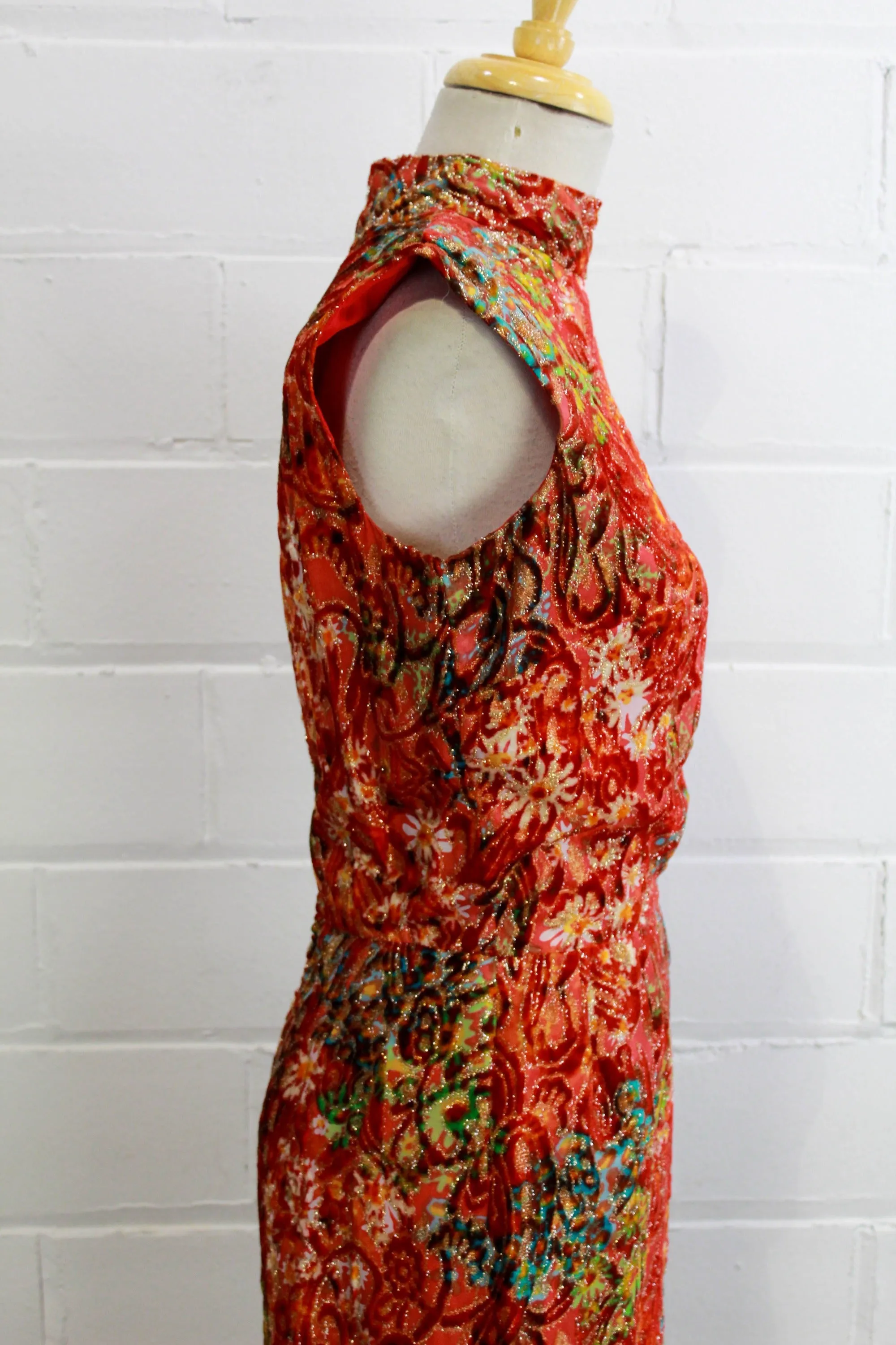 1970s Red Velvet Floral Maxi Dress, Small