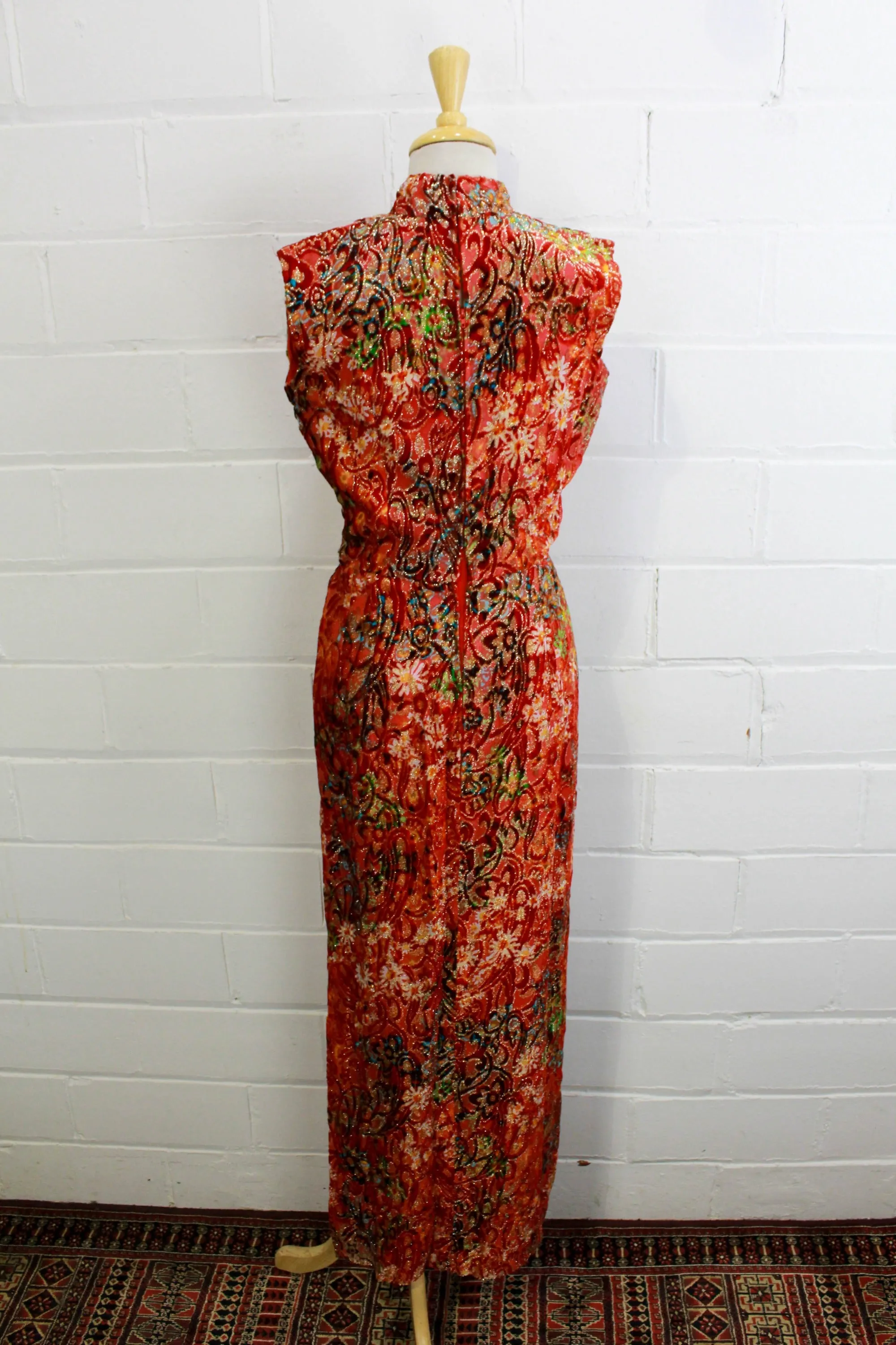 1970s Red Velvet Floral Maxi Dress, Small