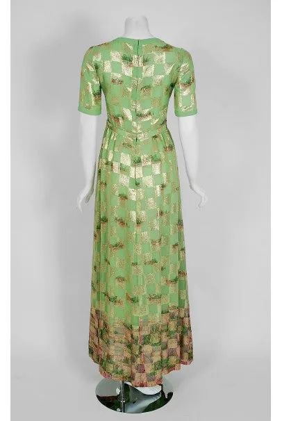 1970's Valentino Couture Metallic Gold Green Silk Novelty Frog-Print Gown Set