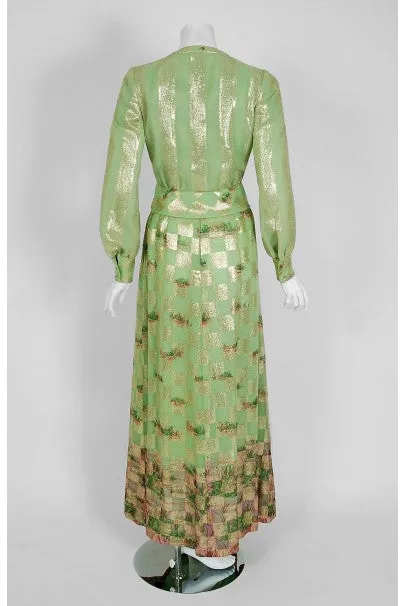 1970's Valentino Couture Metallic Gold Green Silk Novelty Frog-Print Gown Set