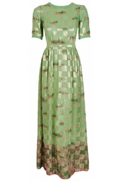 1970's Valentino Couture Metallic Gold Green Silk Novelty Frog-Print Gown Set