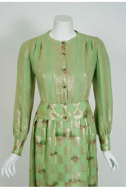 1970's Valentino Couture Metallic Gold Green Silk Novelty Frog-Print Gown Set