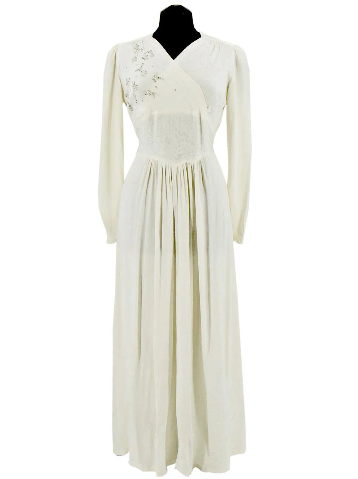 1970s Vintage Ivory Damask Silk Maxi Dress