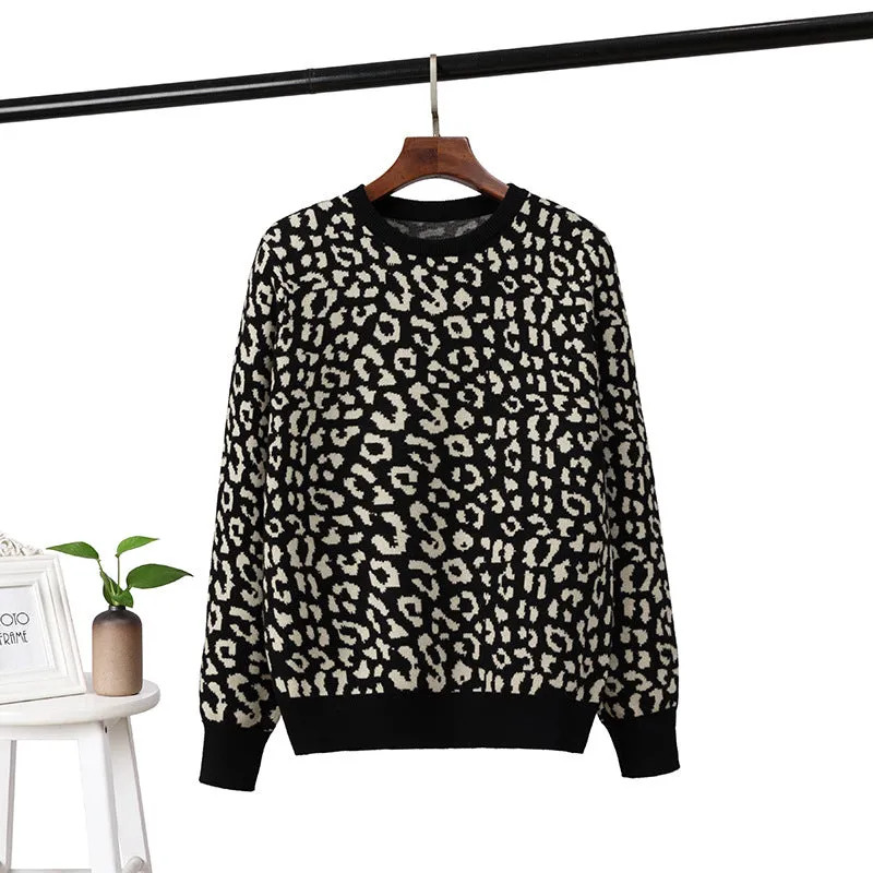 2022 Autumn Women O-Neck Pullovers Leopard Print Women Vintage Sweater Knitting Women Winter Sweater