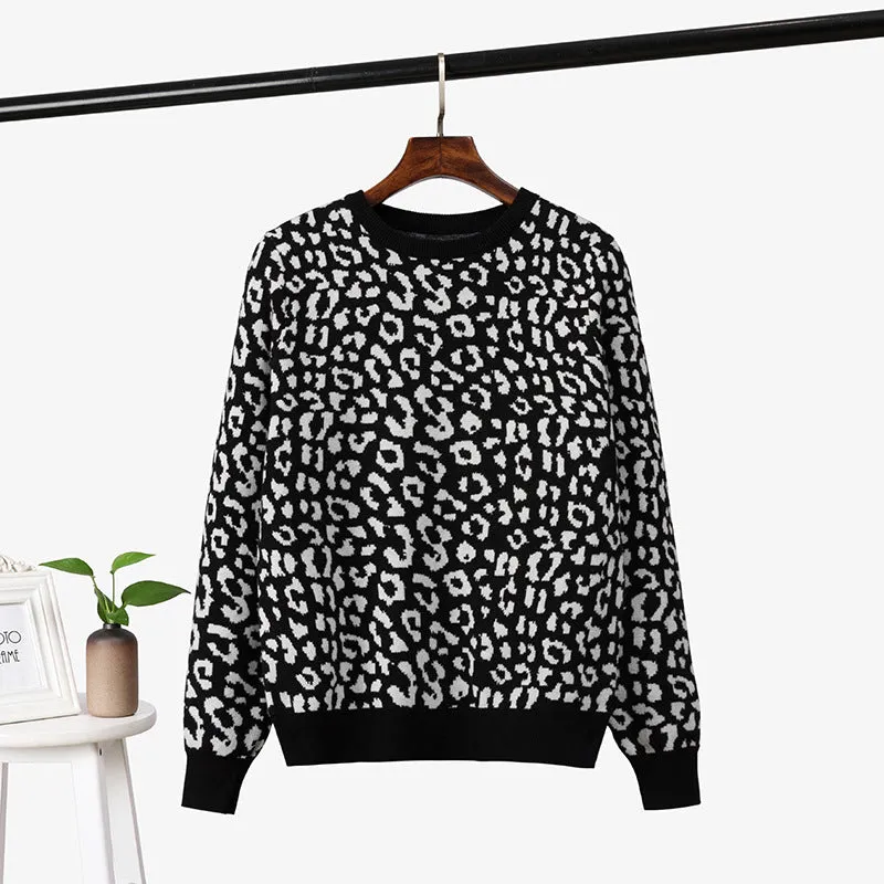 2022 Autumn Women O-Neck Pullovers Leopard Print Women Vintage Sweater Knitting Women Winter Sweater