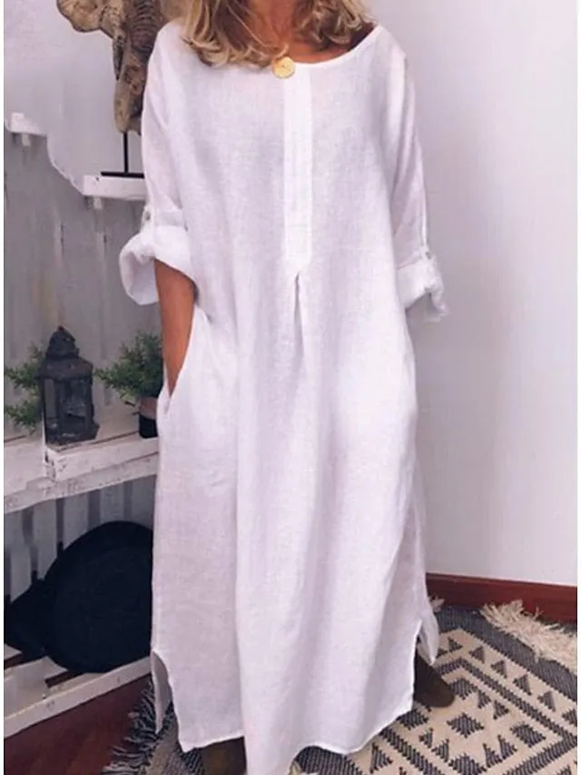 Elegant White Linen Maxi Dress with Ruched Pockets for Women